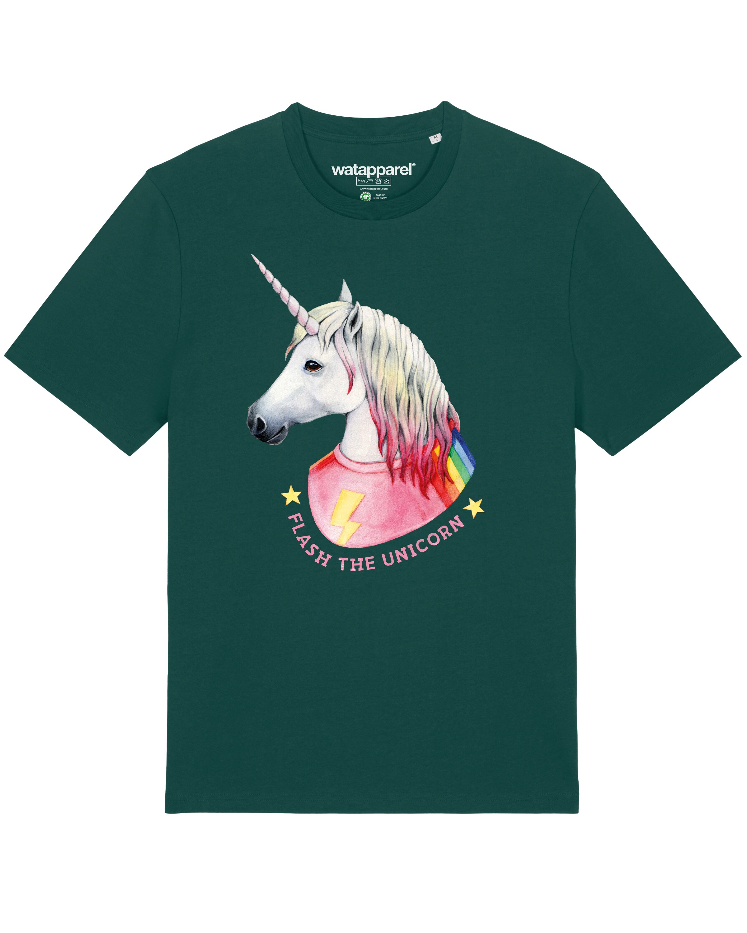 Watapparel Shirt ' Flash, the unicorn ' in Grün: Vorderseite