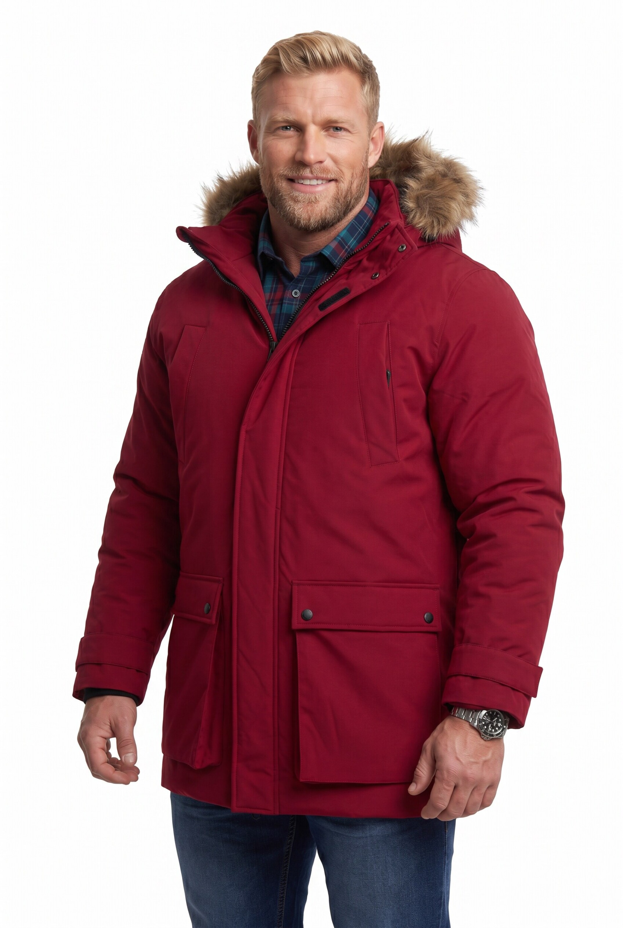 Men Plus Winter Parka in Red: front