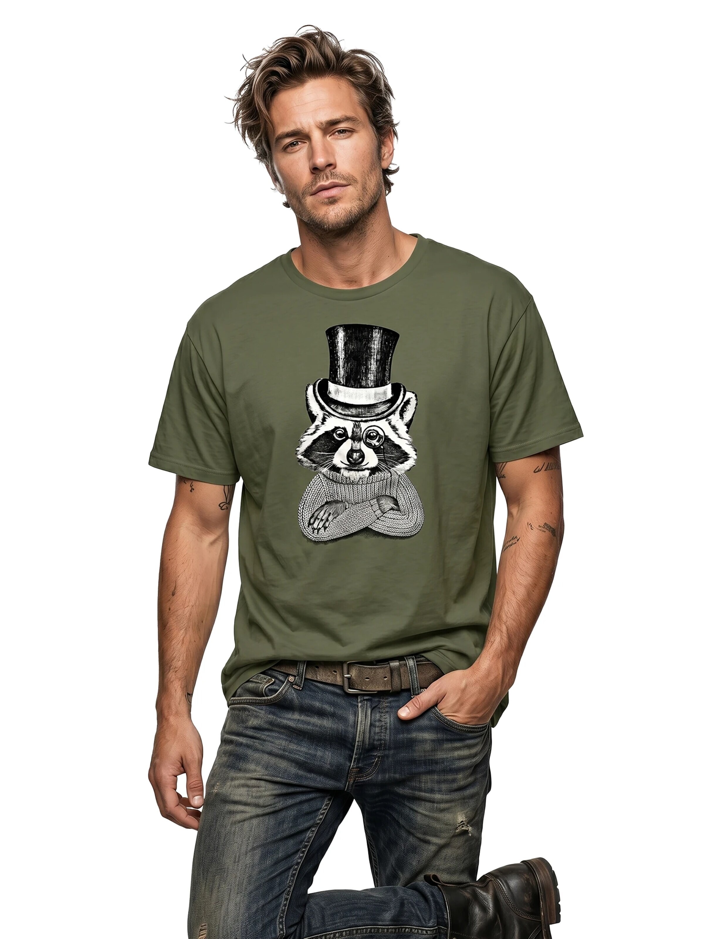 MAKAYA Shirt 'Waschbär Hut' in Green