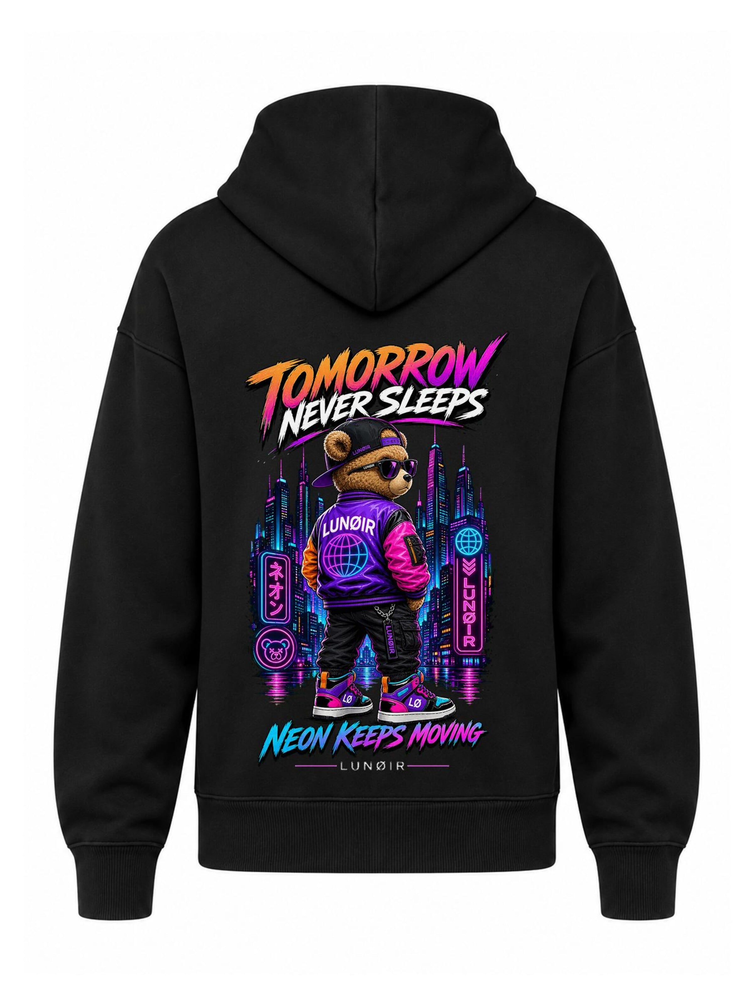 LUNØIR StudioSweater majica 'Tomorrow Never Sleeps' - crna boja: prednji dio