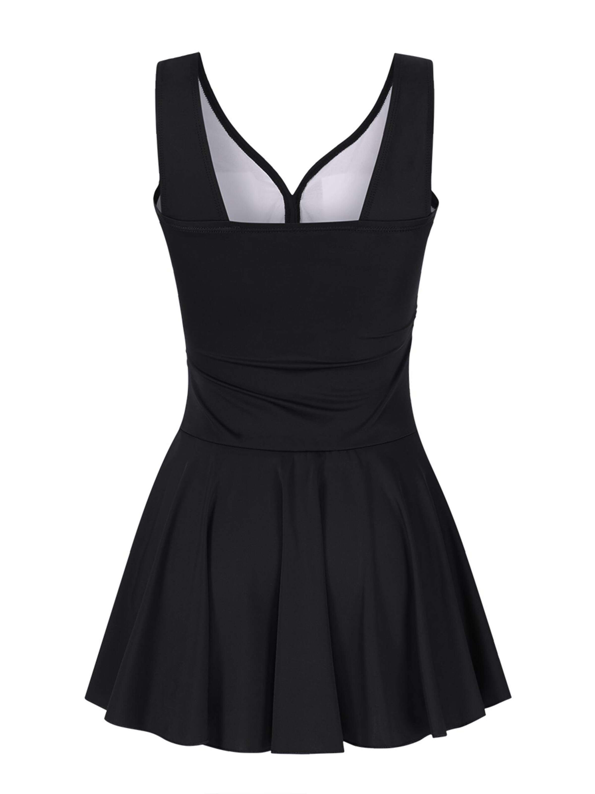 KoJooin Klassisch Badeanzug 'Damen-Badeanzug mit V-Ausschnitt, einteiliger Rock, gerafftes Retro-Badekleid'‌‌‌‌‌‌‌‌ in Schwarz