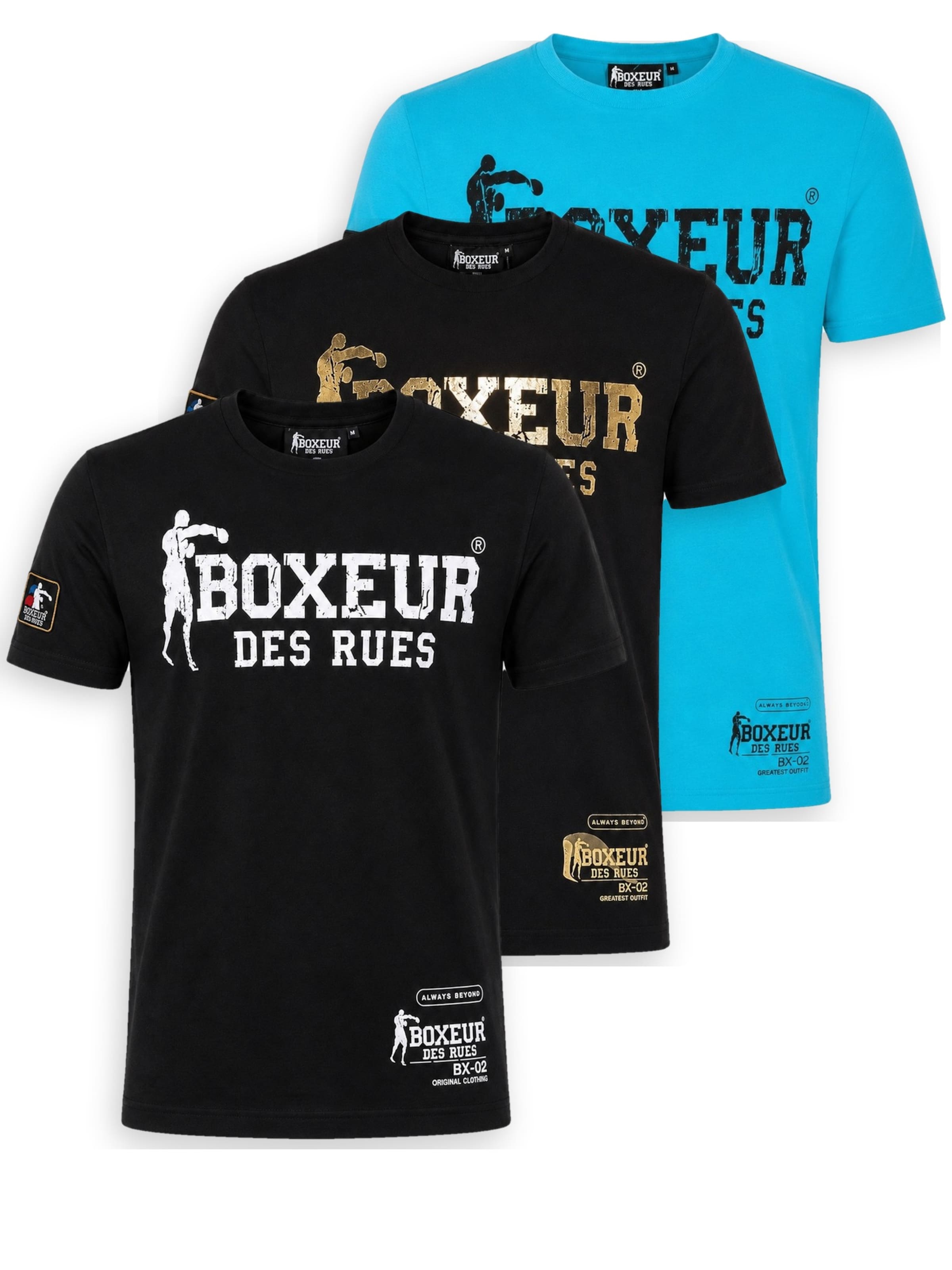 Boxeur des Rues Shirt 'Herren T-Shirt 3er-Pack Boxeur des Rues Slim Fit: Schwarz, Weißes Logo + Schwarz, Goldenes Logo + Türkis' in Mixed colours: front