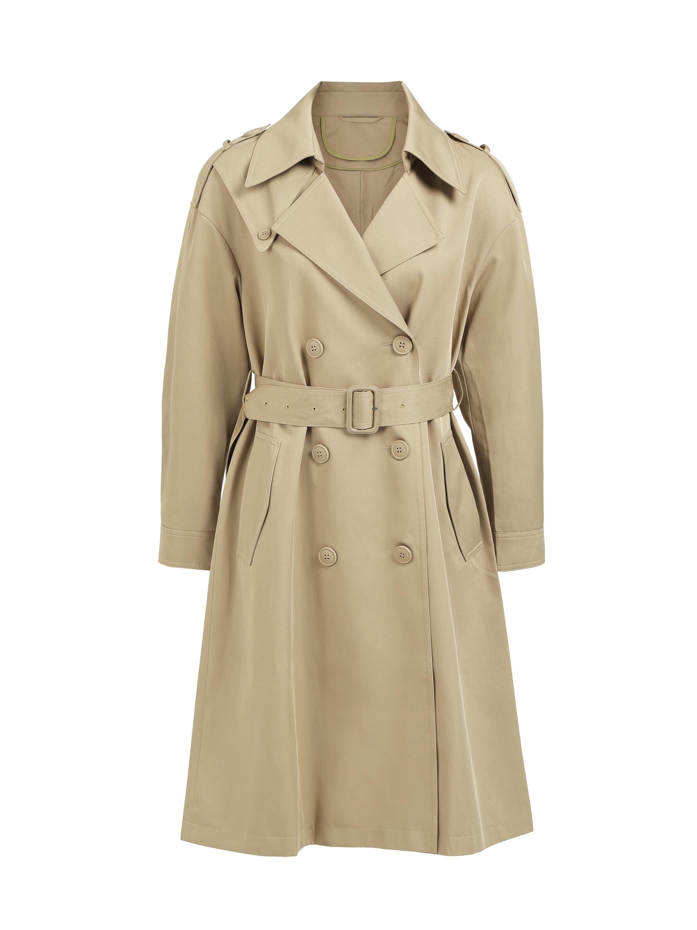 TorWeit Between-Seasons Coat 'Double-breasted long trench coat' in Green: front