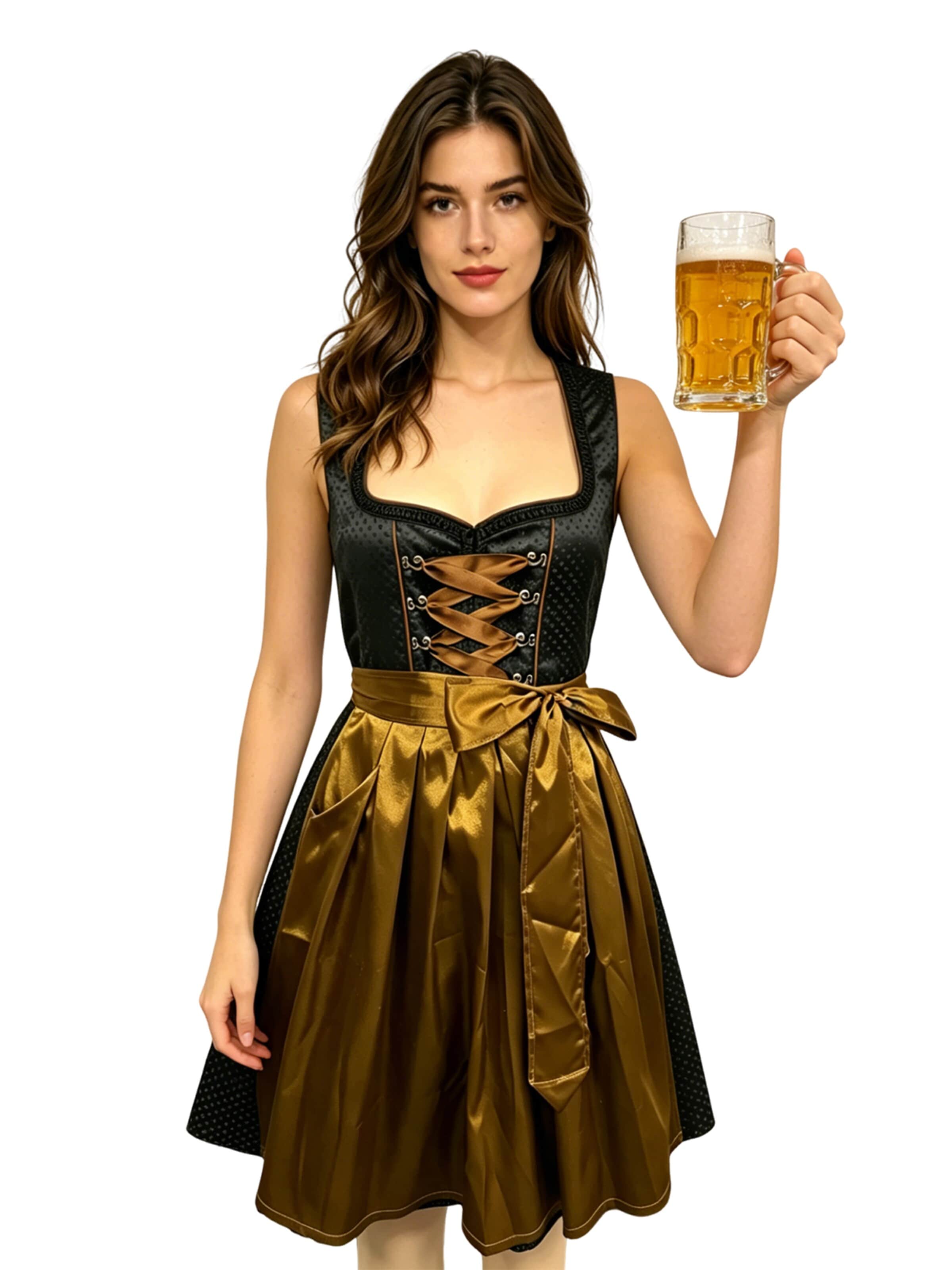 KoJooin Dirndl 'Dirndl Damen Trägerkleid Spitzenbesatz Schnürung Schürze Gürtel Midikleid' w kolorze złoty