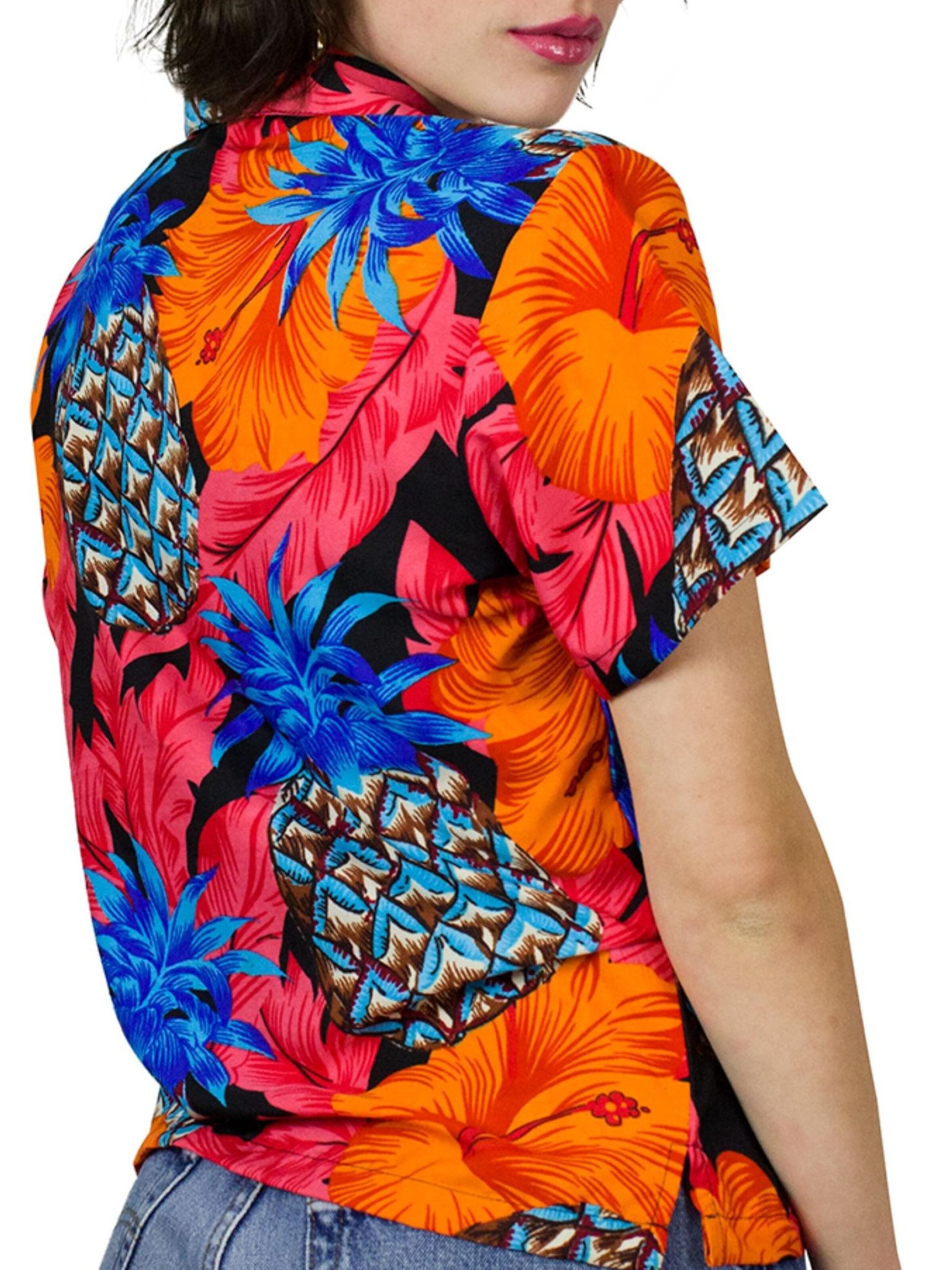 King Kameha Bluse 'Pineapple Hibiscus Black Line'‌‌‌‌ in Rot