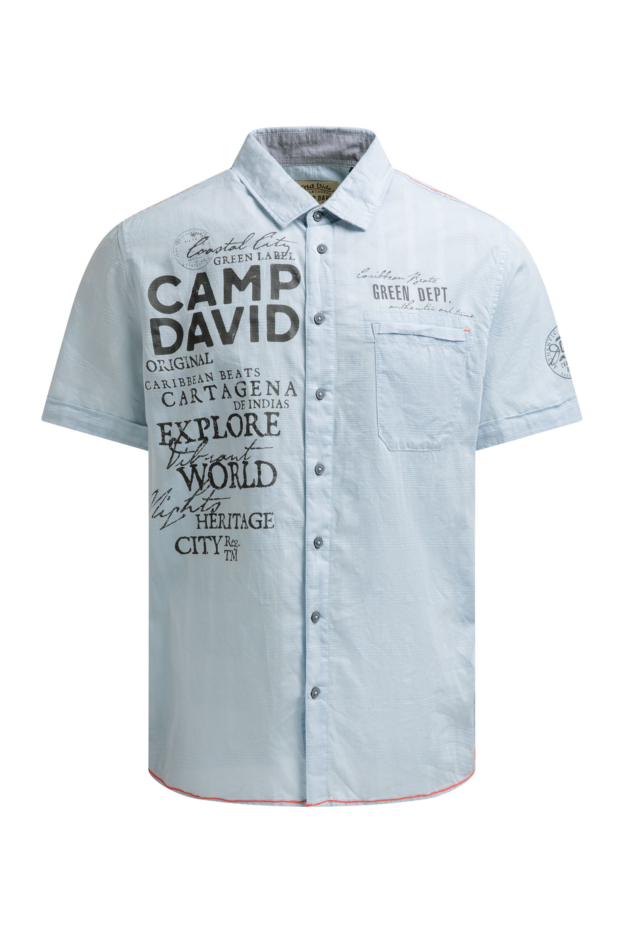 CAMP DAVID Regular Fit Kurzarmhemd mit Webstruktur und Logo Prints in Blau: Vorderseite