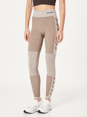 Hummel Skinny Workout Pants in Beige: front