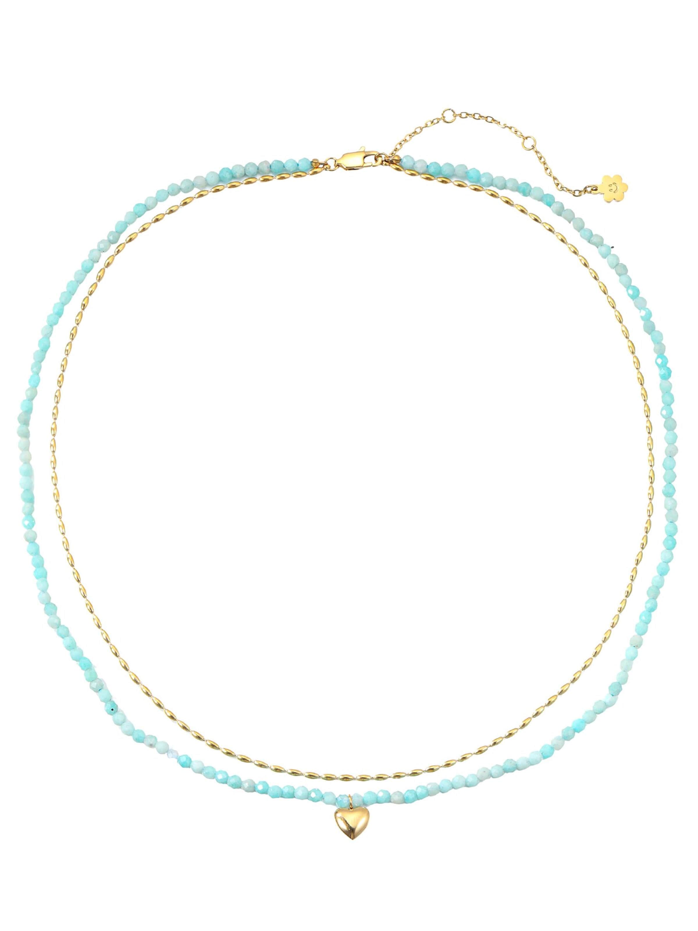 Collana 'Aquamarine Heart Charm Layered Bead' di Hey Happiness in oro: frontale