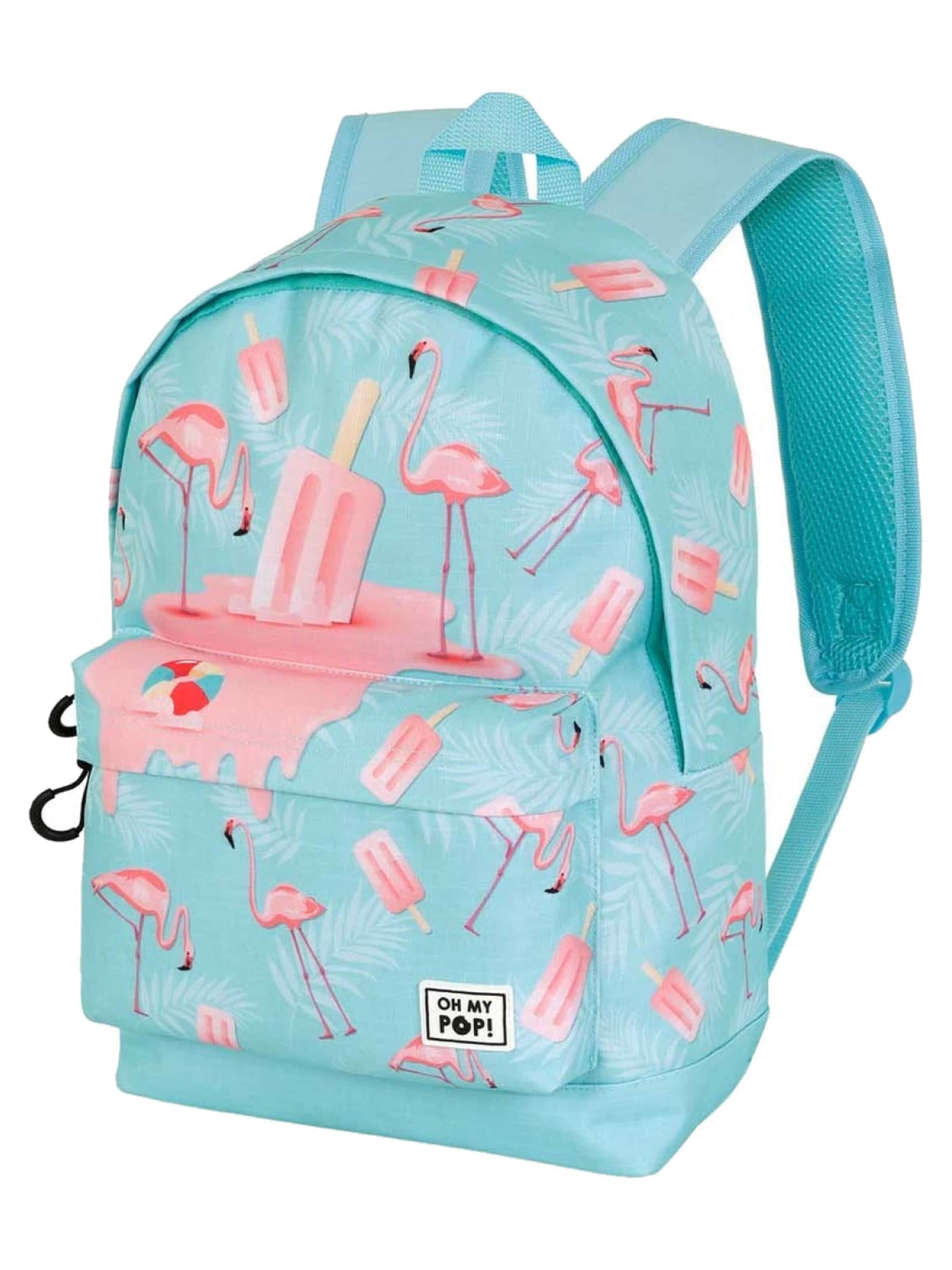 Oh My Pop! Backpack 'Oh My Pop Rugzak Flamingo 2 Vakken Premium Quality Pluche Flamingo Hanger' in Blue