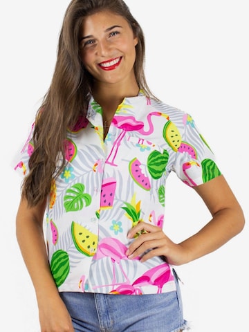 King Kameha Bluse 'Flamingo Melone' in Weiß: Vorderseite