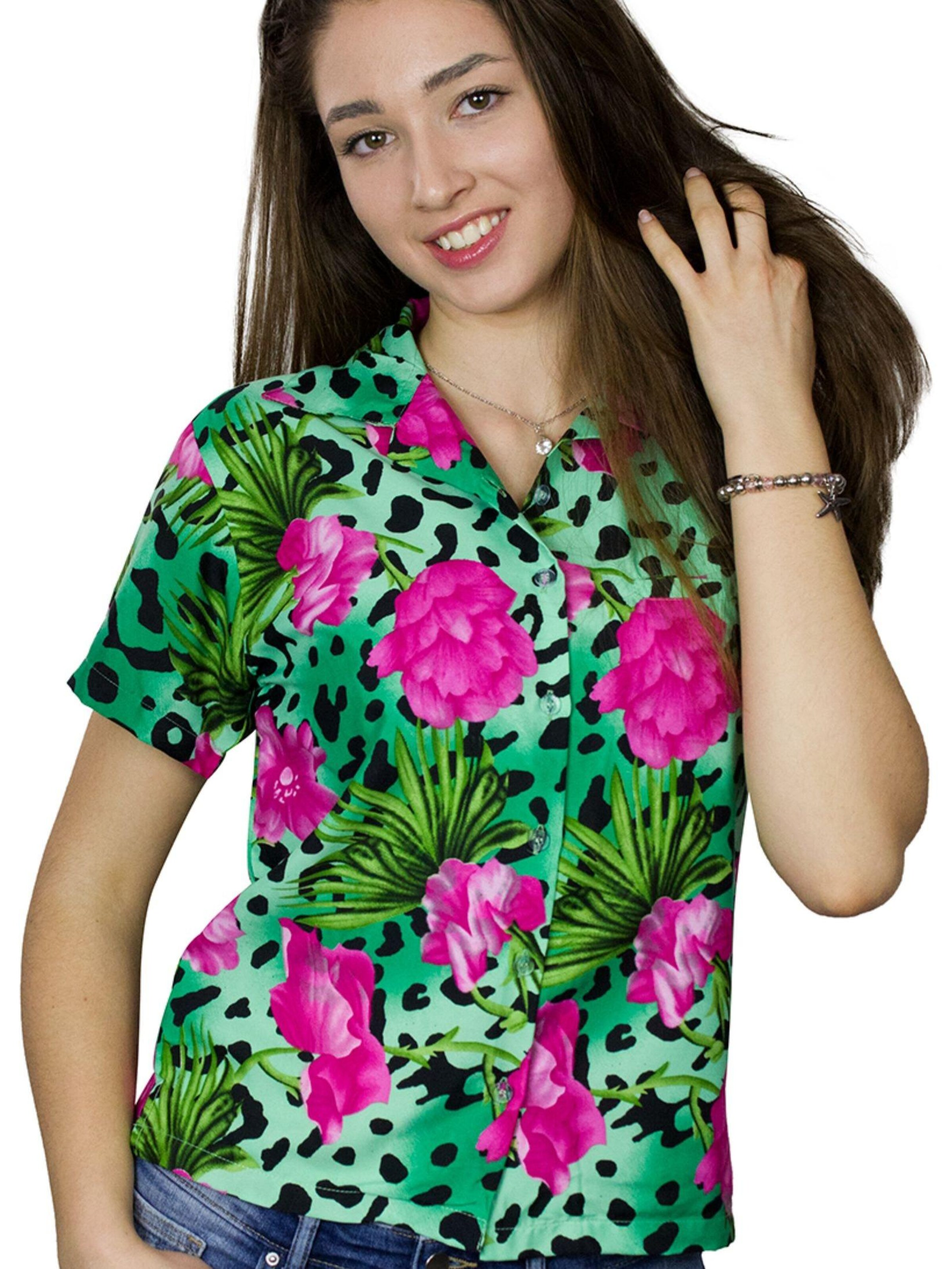 King Kameha Blouse 'Leopard Flowers' in Green: front