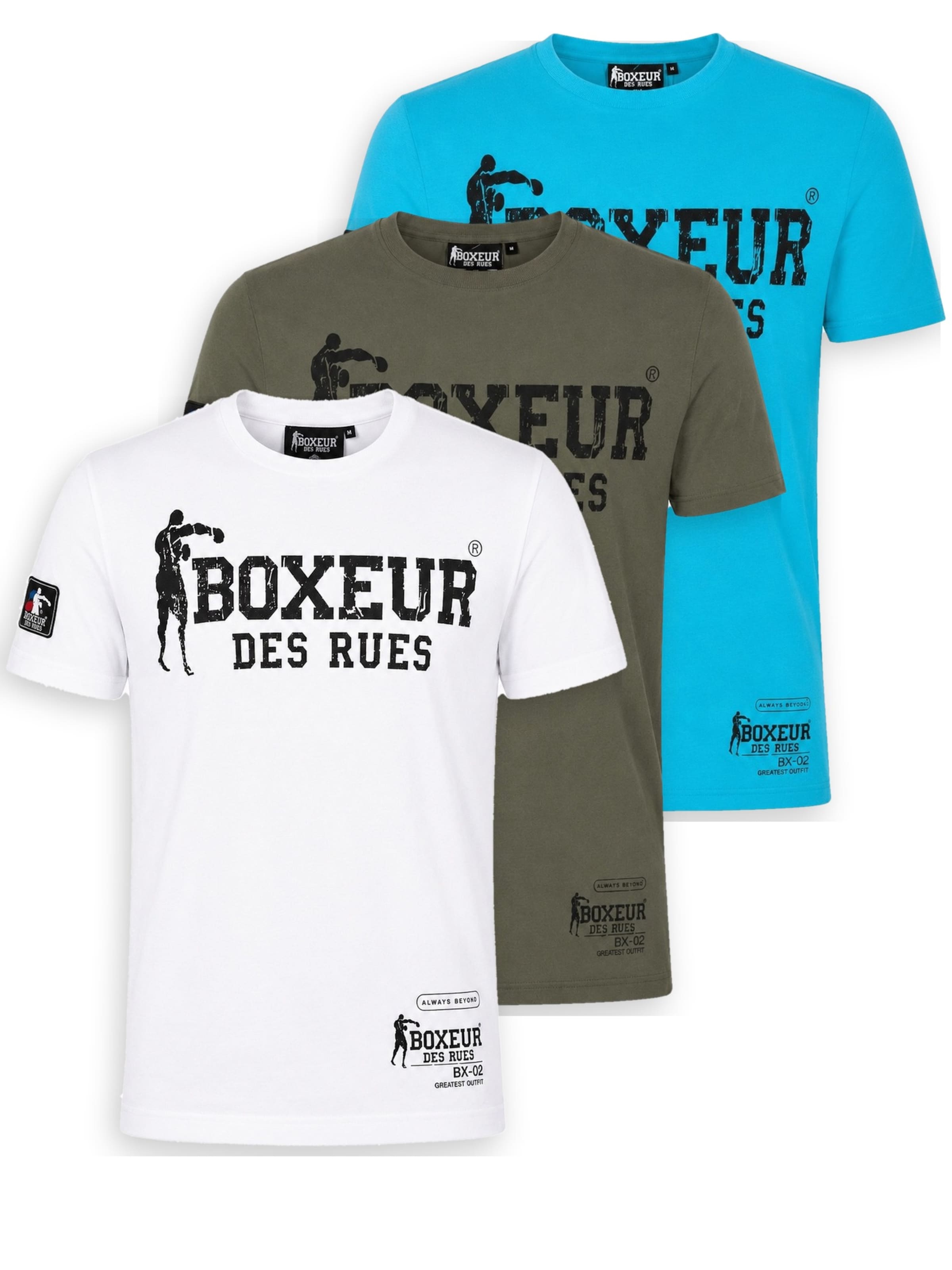 Boxeur des Rues Shirt 'Herren T-Shirt 3er-Pack Boxeur des Rues Slim Fit: Weiß, Schwarzes Logo + Oliv, Schwarzes Logo + Türkis, Schwarzes Logo'‌‌‌‌‌ in L in mischfarben, Produktansicht