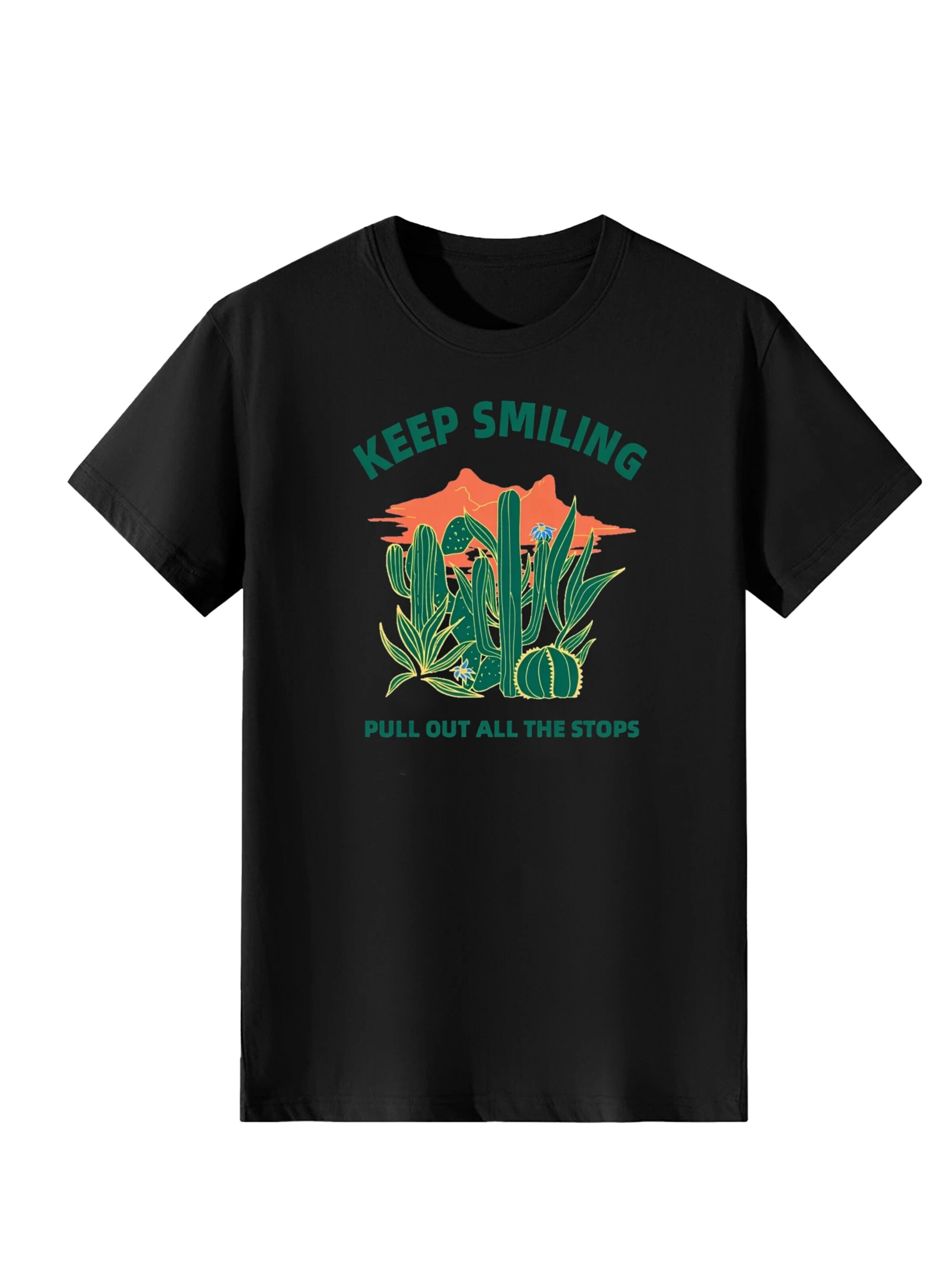LapaPlus Shirt 'Women Retro Desert Cactus KEEP SMILING Slogan Print T-Shirt' in Zwart: voorkant