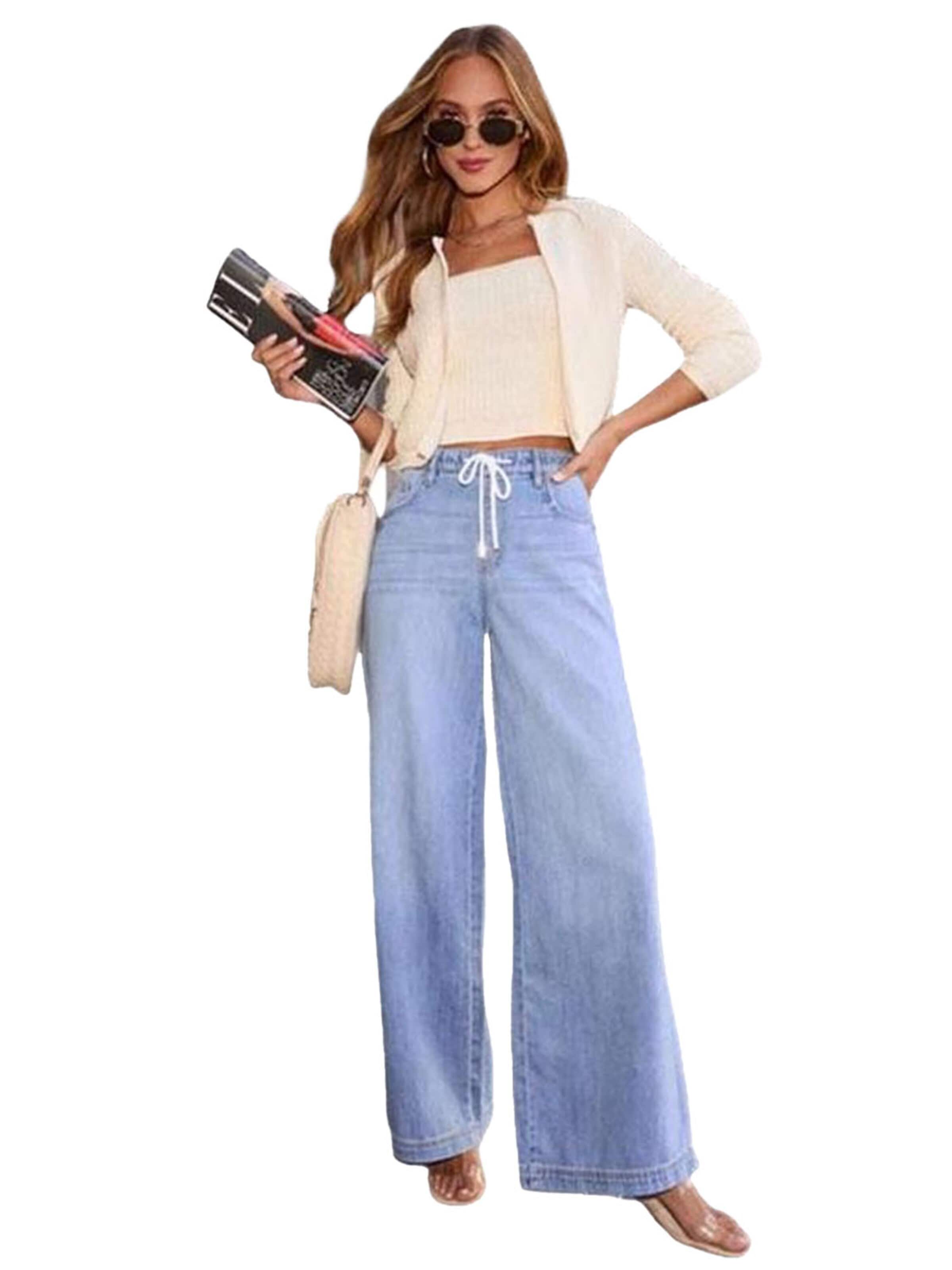 KoJooin Normalny krój Jeansy 'Damen High-Waist Jeans Mit Kordelzug Weitem Bein Und Stretch-Komfort' w kolorze niebieski: przód