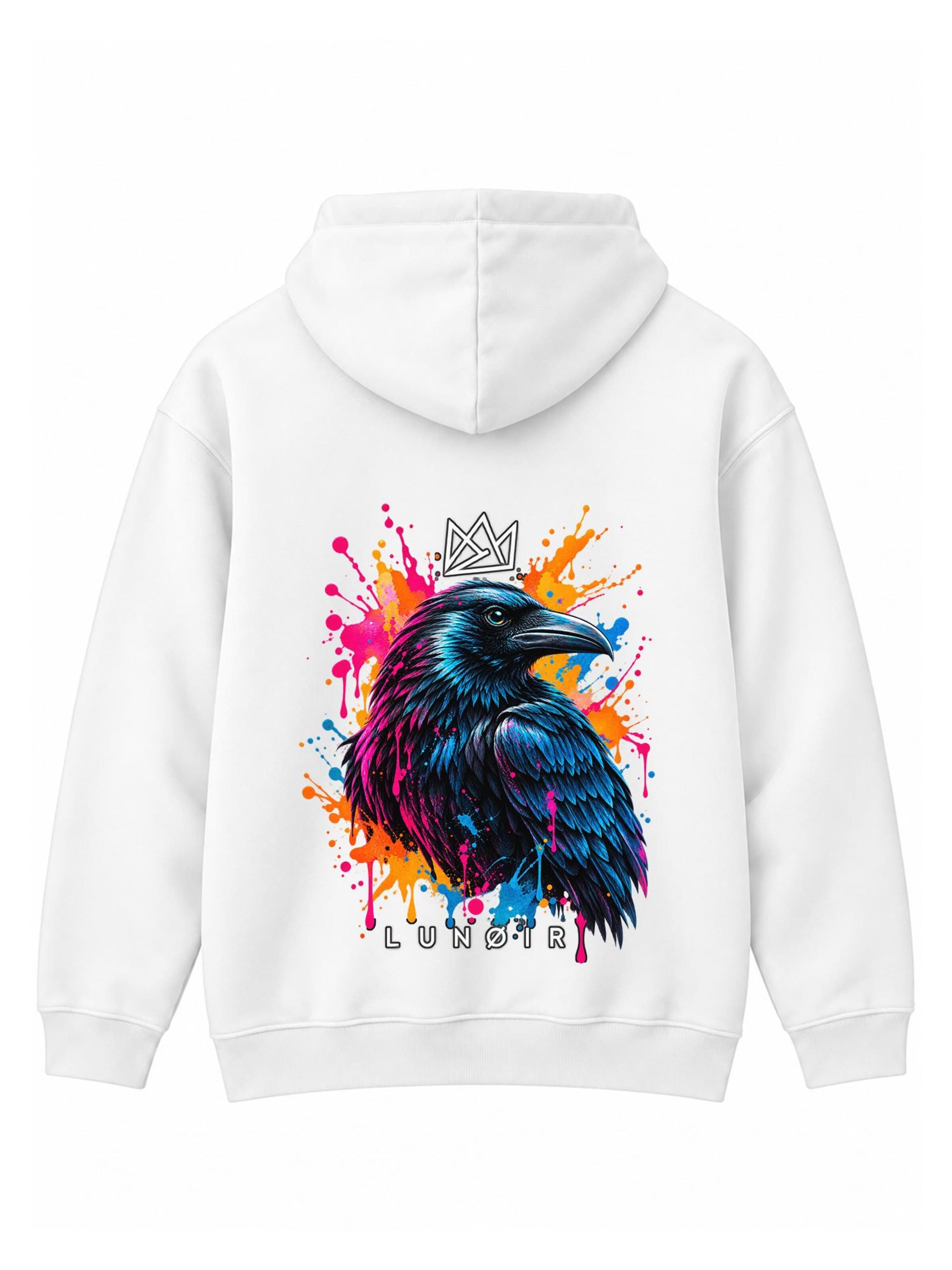 LUNØIR Studio Mikina 'Tropical Riot – Neon Raven' – bílá: přední strana