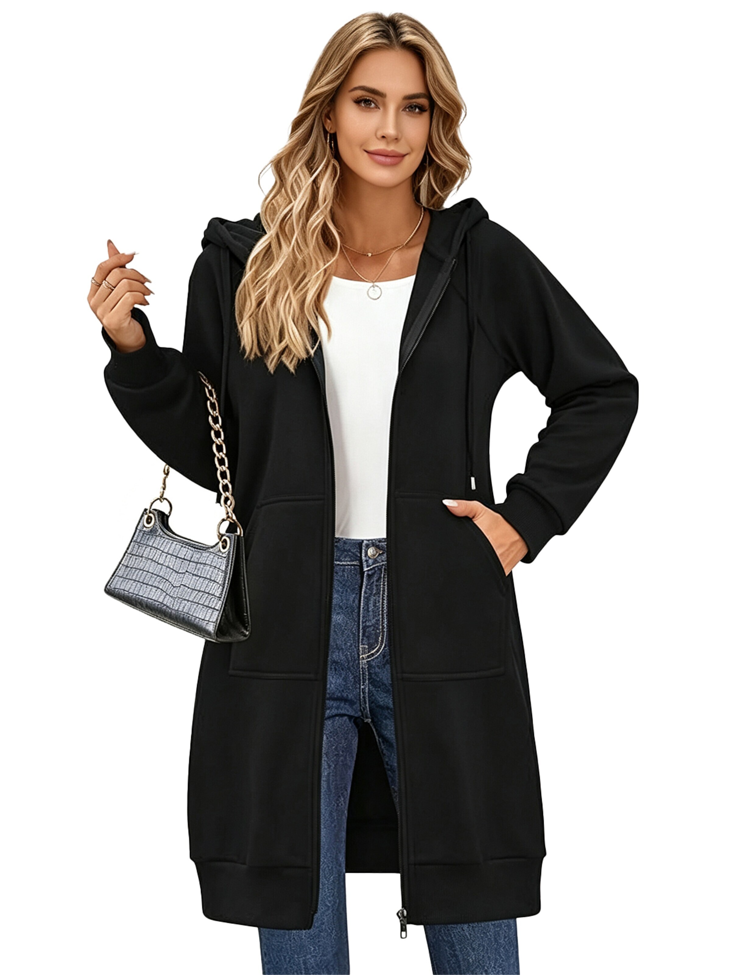 KoJooin Płaszcz zimowy 'Damen langer Kapuzenpullover mit Reißverschluss Oversize,casual, kuschelig gefüttert und gemütlich' w kolorze czarny: przód