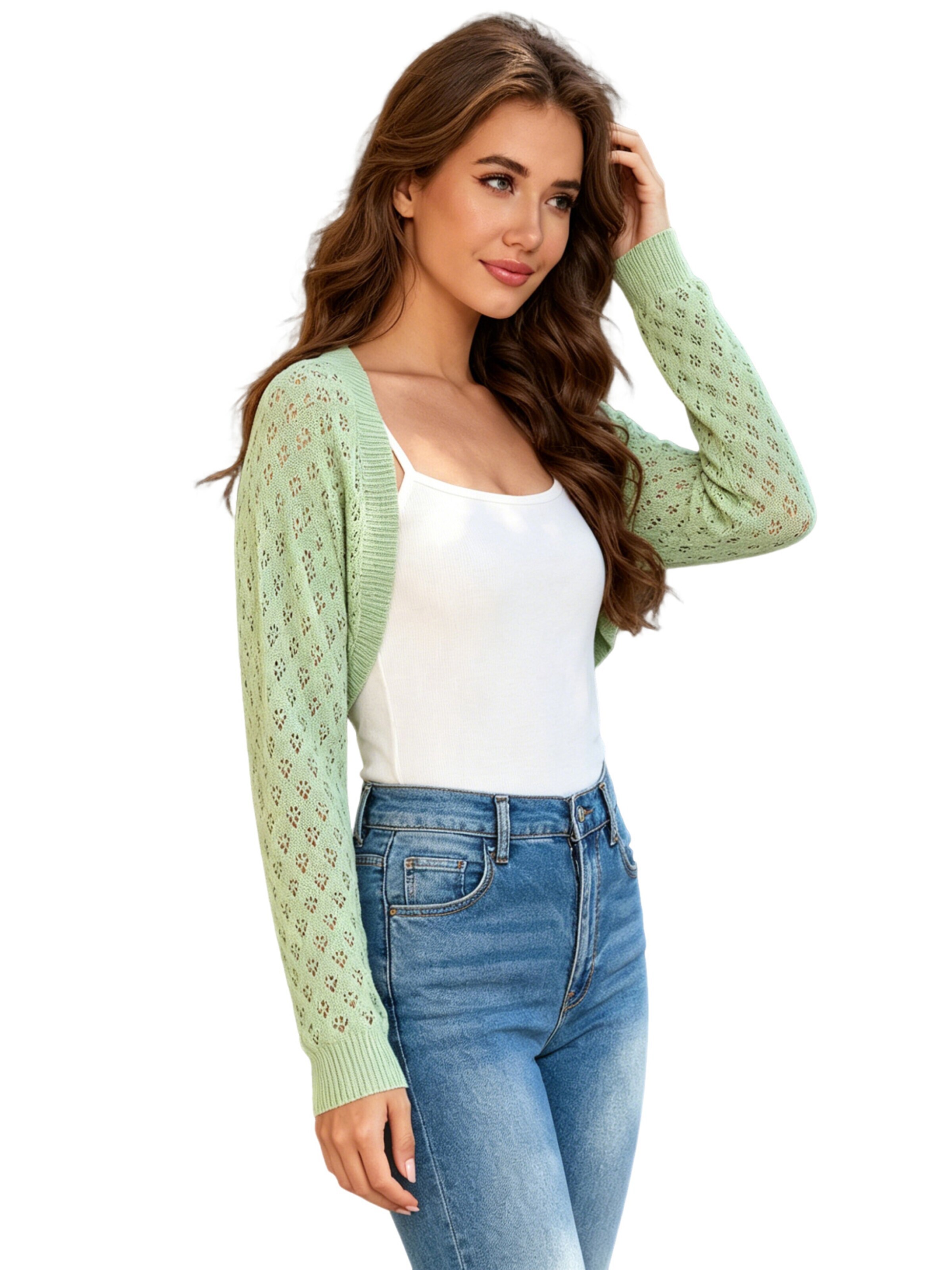 KoJooin Kardigan 'Strickjacke Damen Lochmuster Cropped Strick Bolero Langarm Strickschulterjacke für' w kolorze zielony