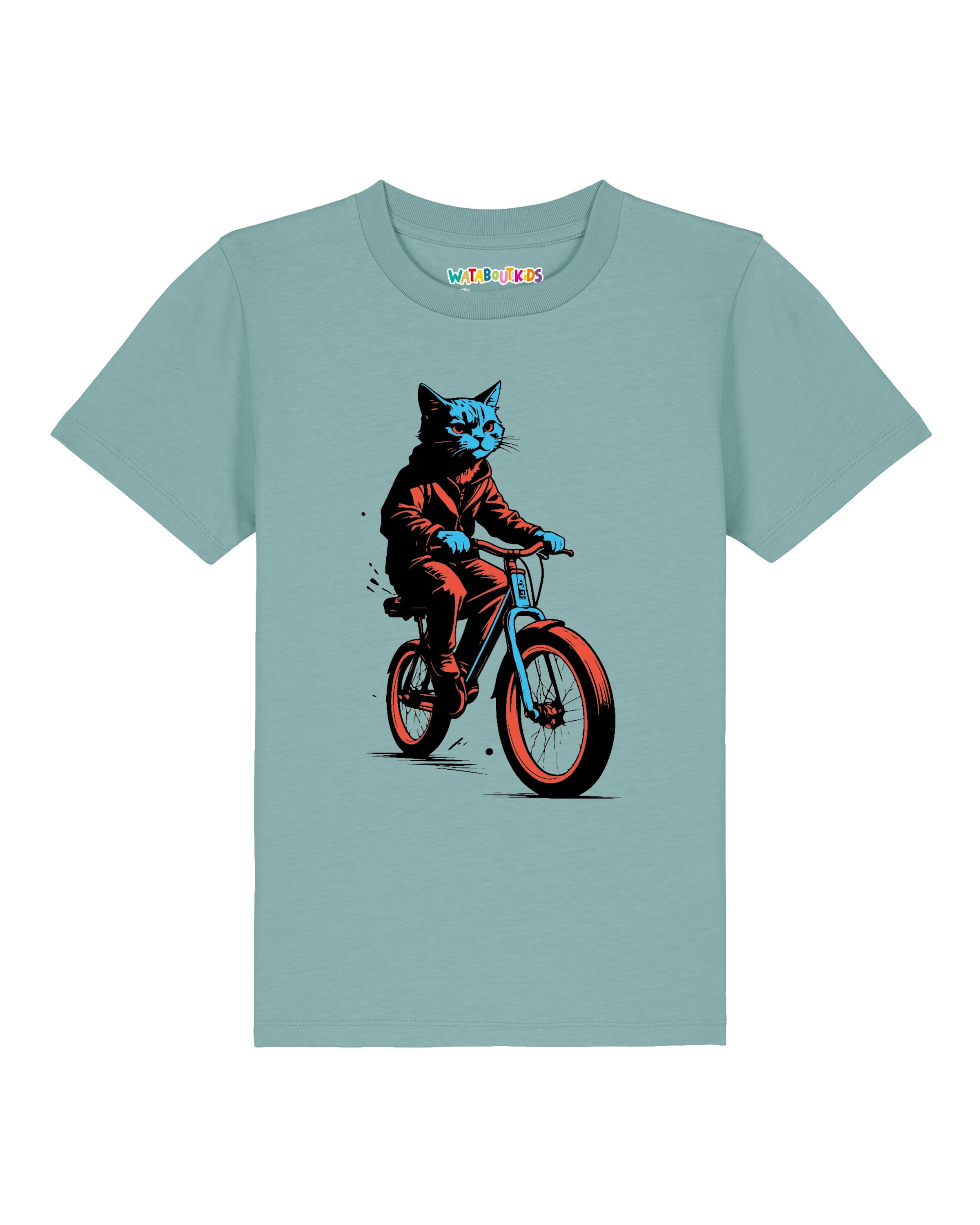Maglietta ' Katze auf Fahrrad ' di watabout.kids in blu: frontale