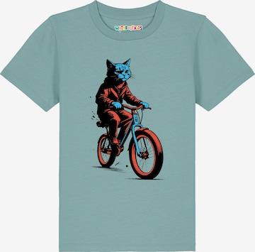 Maglietta ' Katze auf Fahrrad ' di watabout.kids in blu: frontale