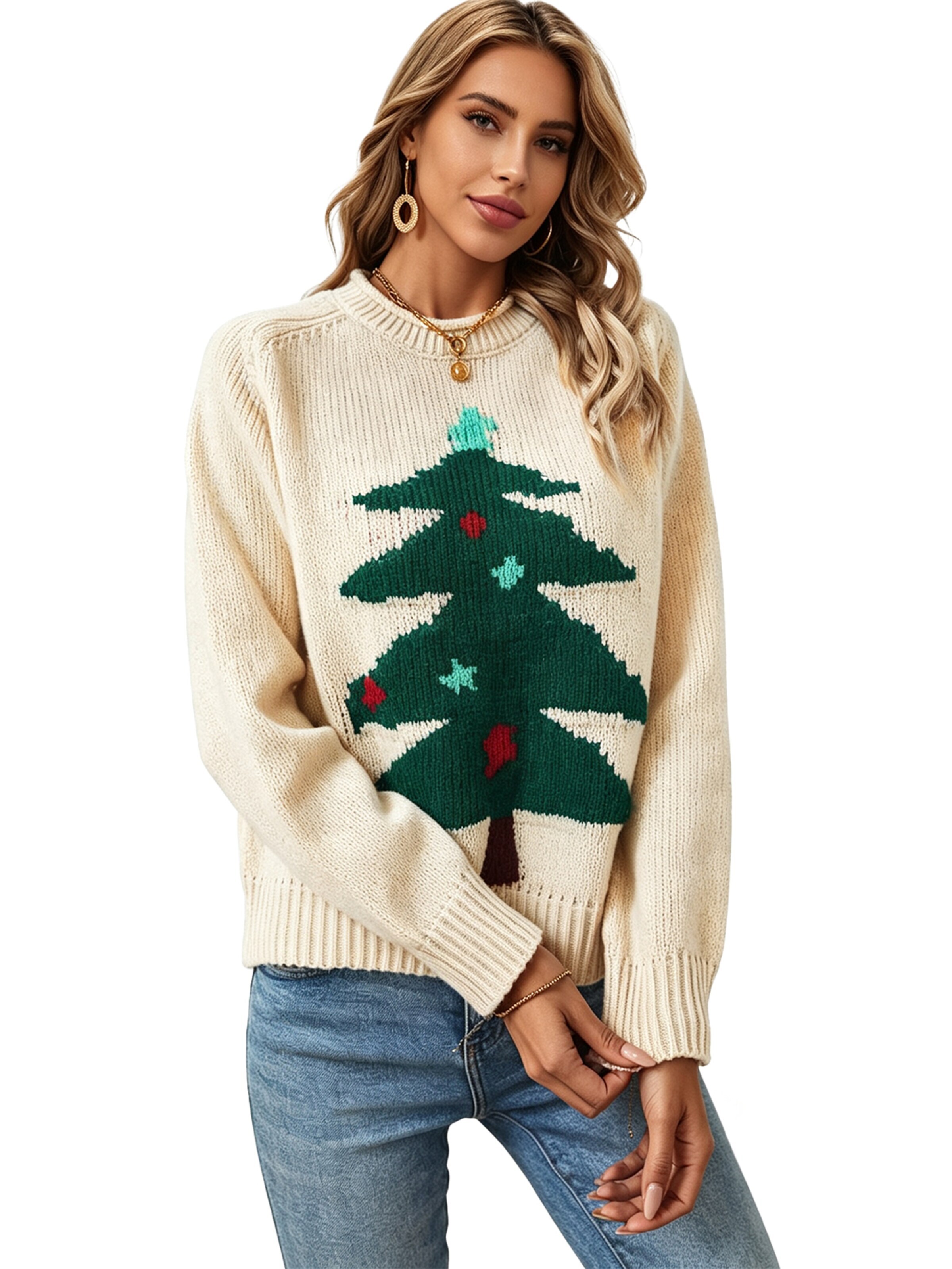 KoJooin Piżama 'Damen Ugly Christmas Pullover mit Weihnachtsbaum-Motiv Longsleeve Strickpullover für Festliche' w kolorze pomarańczowy