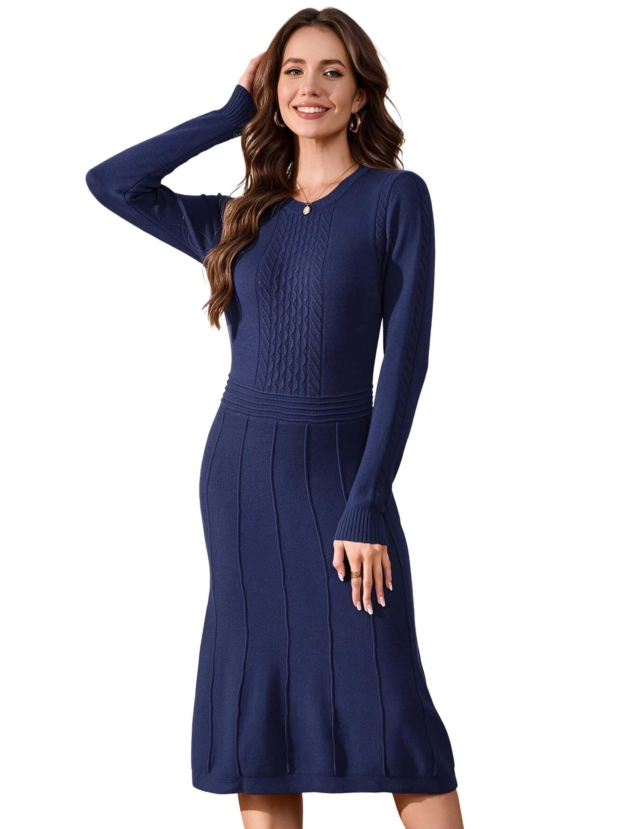 KoJooin Sukienka z dzianiny 'Damen-Rippstrickkleid in Midi-Länge mit Rundhalsausschnitt und langen Ärmeln' w kolorze niebieski