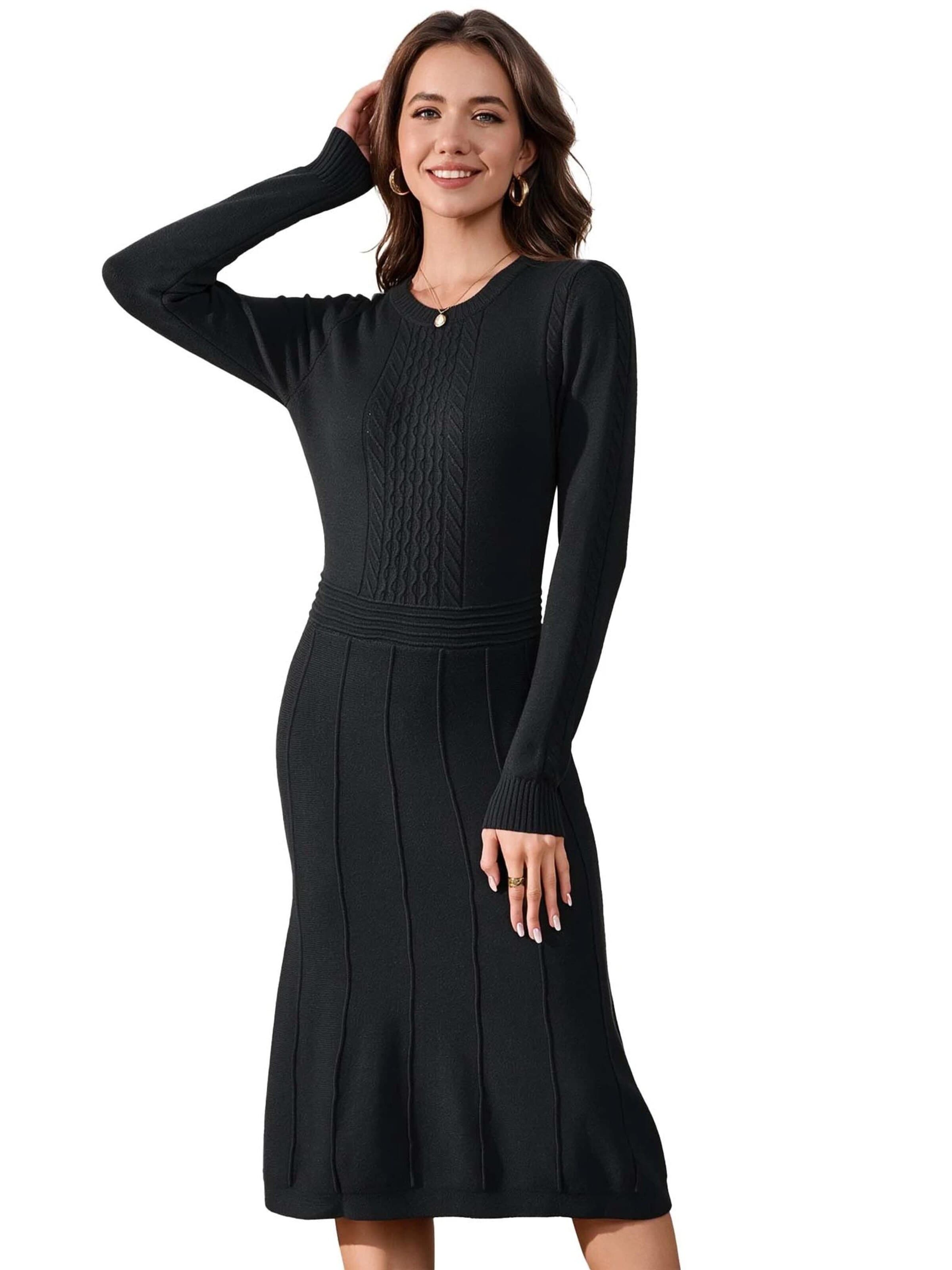 KoJooin Sukienka z dzianiny 'Damen-Rippstrickkleid in Midi-Länge mit Rundhalsausschnitt und langen Ärmeln' w kolorze czarny