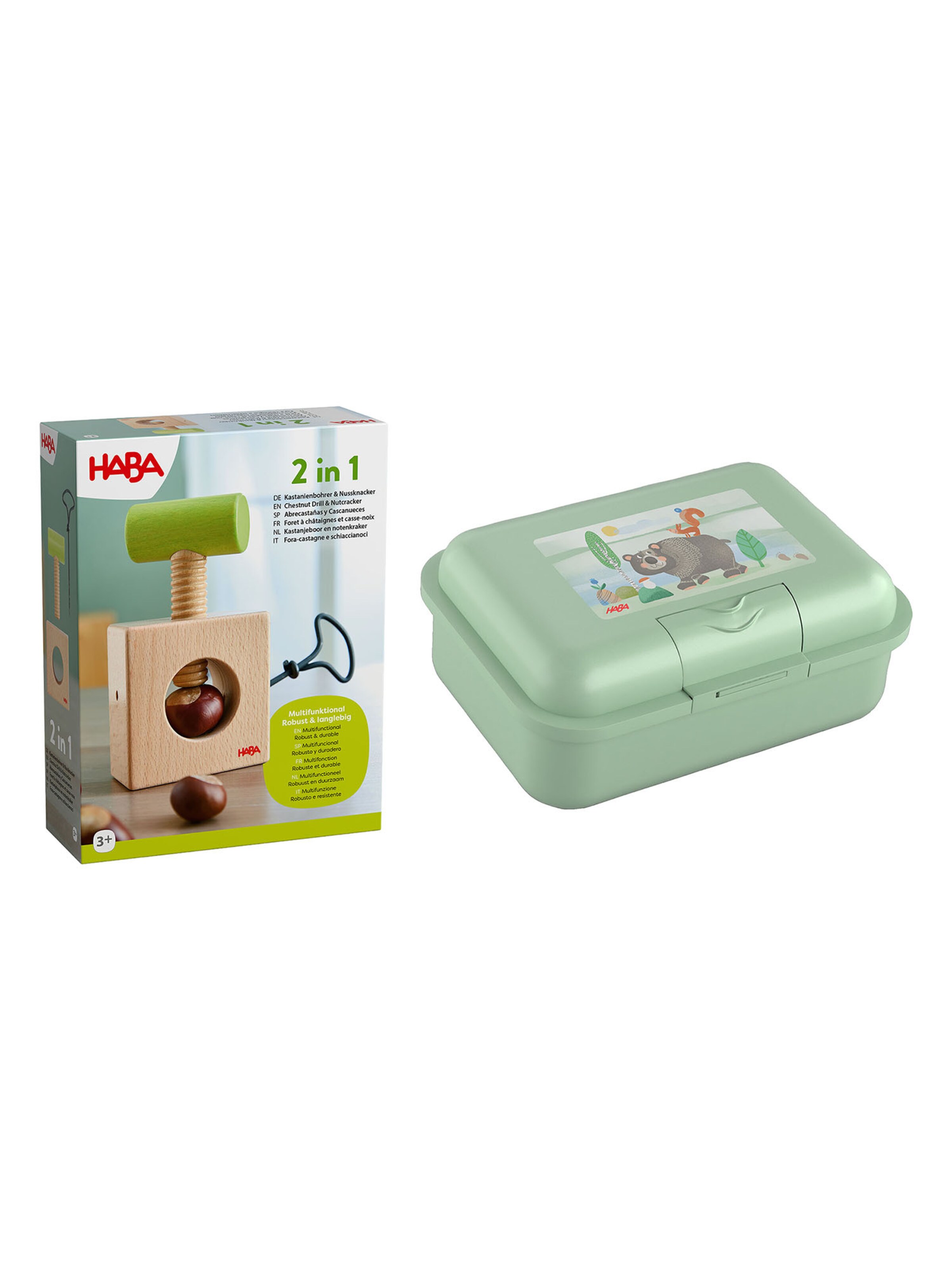 HABA Spiel-Kochgeschirr ' Kastanienbohrer und Nussknacker 2 in 1 mit Brotdose ' in Mischfarben: Vorderseite
