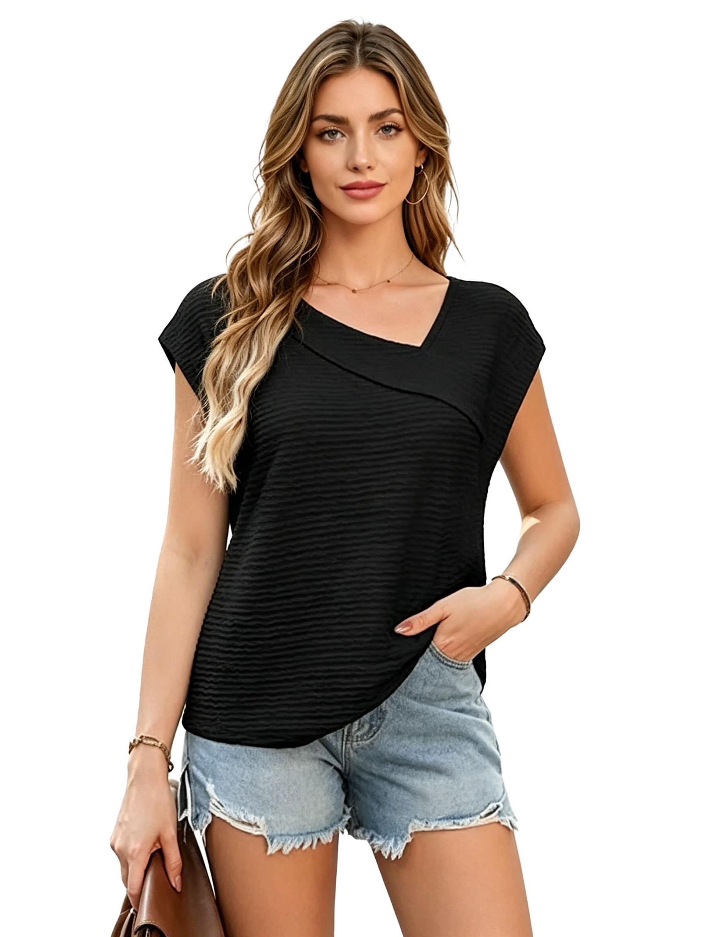 KoJooin Shirt 'Damenblusen für den Alltag,asymmetrischer V-Ausschnitt,Business-Tops mit Rüschenärmeln,Sommerblusen'‌‌‌‌‌‌‌ in Schwarz: Vorderseite