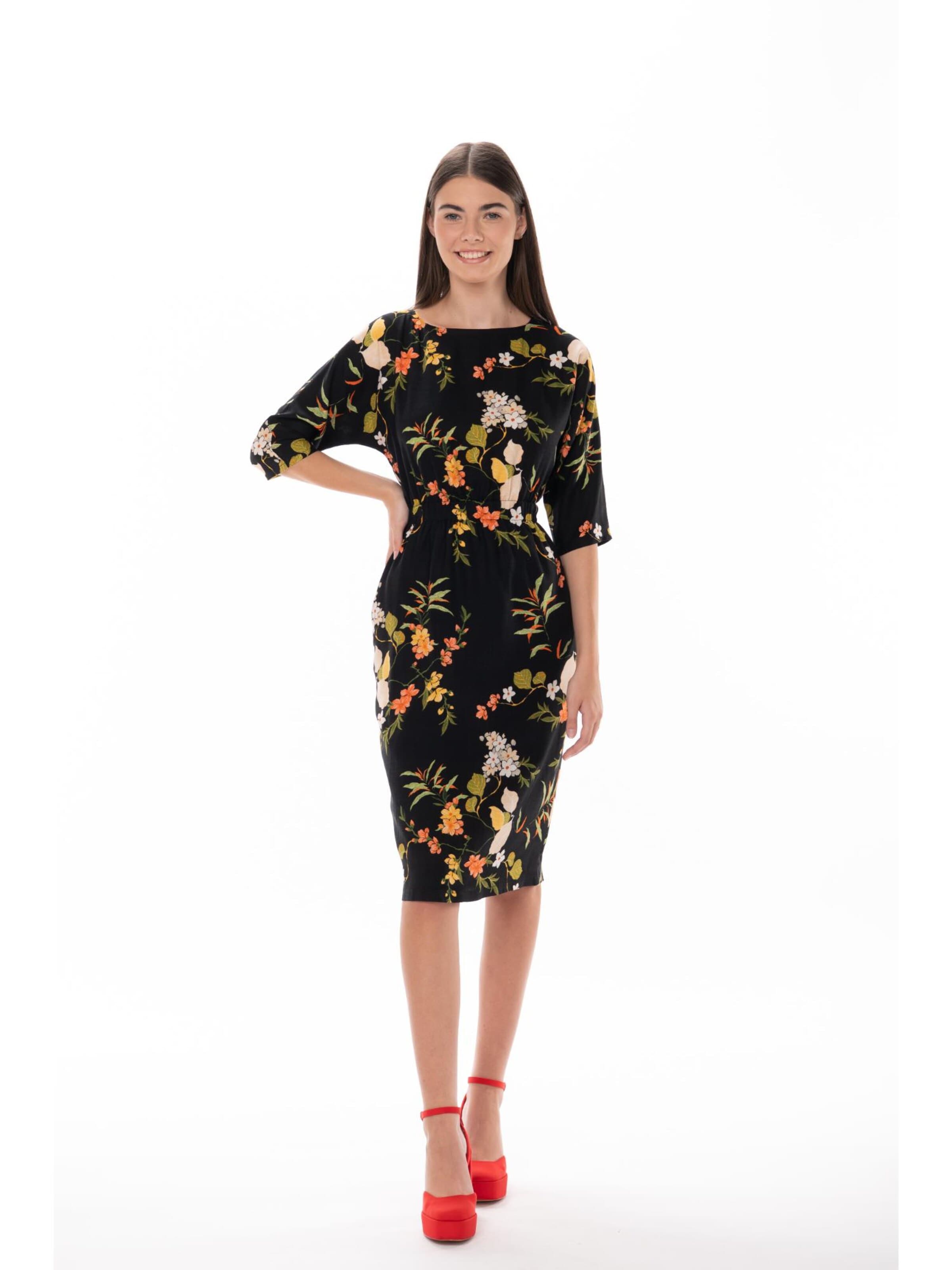 Couture de Marie Dress 'Floral Midi Dress with Draped Waist – Black – Lise' in Black