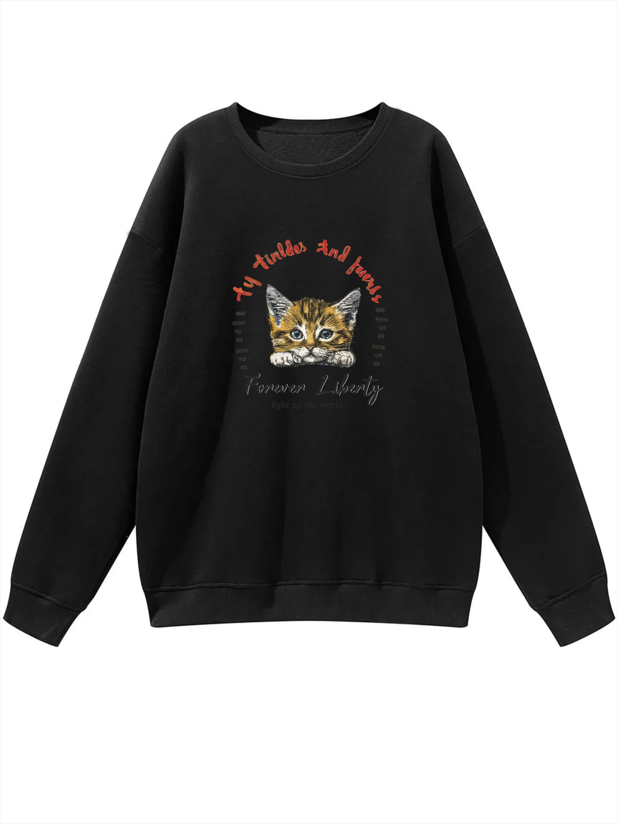 GORHEY Sweatshirt 'Women's Crew Neck Sweatshirt with Cat Print & Fleece Lining for Autumn/Winter' in Black: front