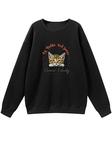 Felpa 'Women's Crew Neck Sweatshirt with Cat Print & Fleece Lining for Autumn/Winter' di GORHEY in nero