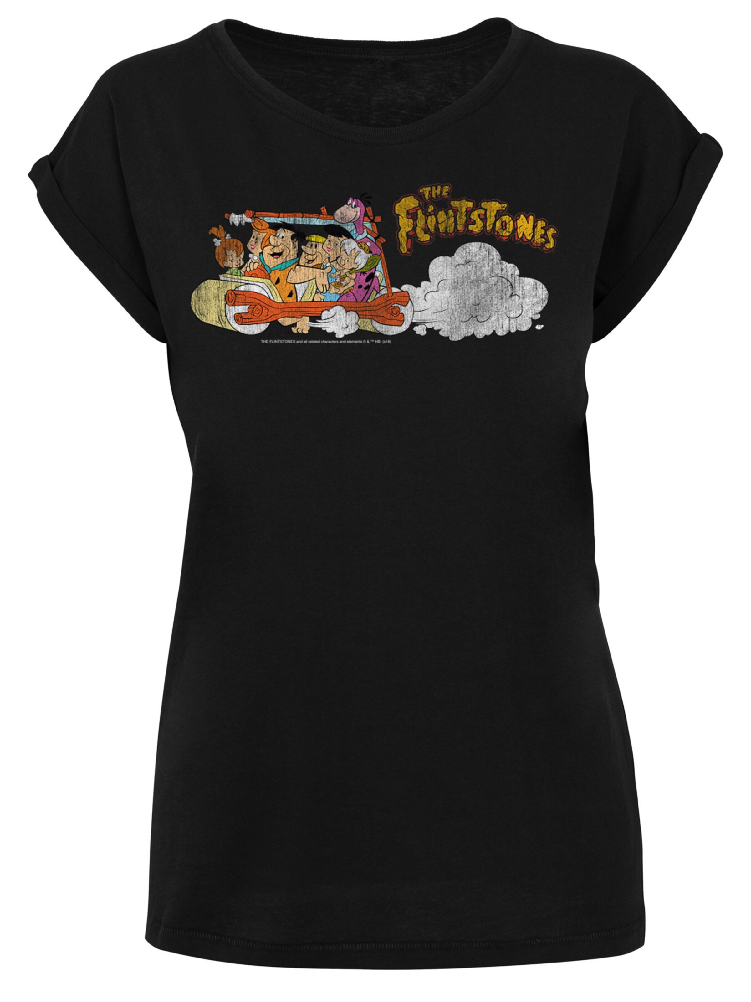 F4NT4STIC Shirt 'The Flintstones Family Car Distressed' in Zwart: voorkant
