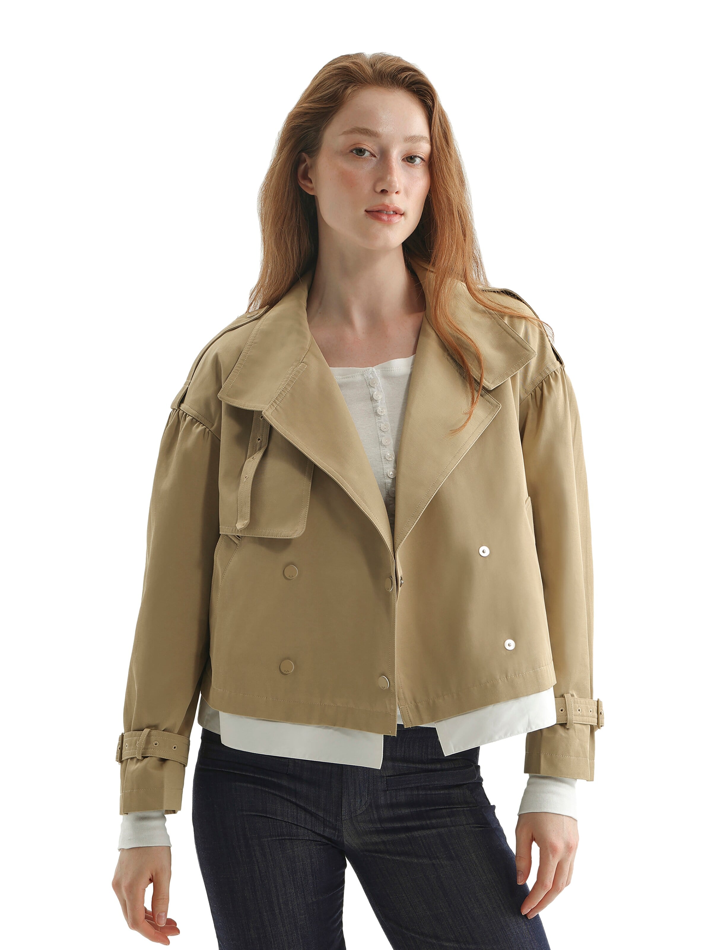 TorWeit Between-Seasons Coat 'Double-breasted cropped trench coat' in Green