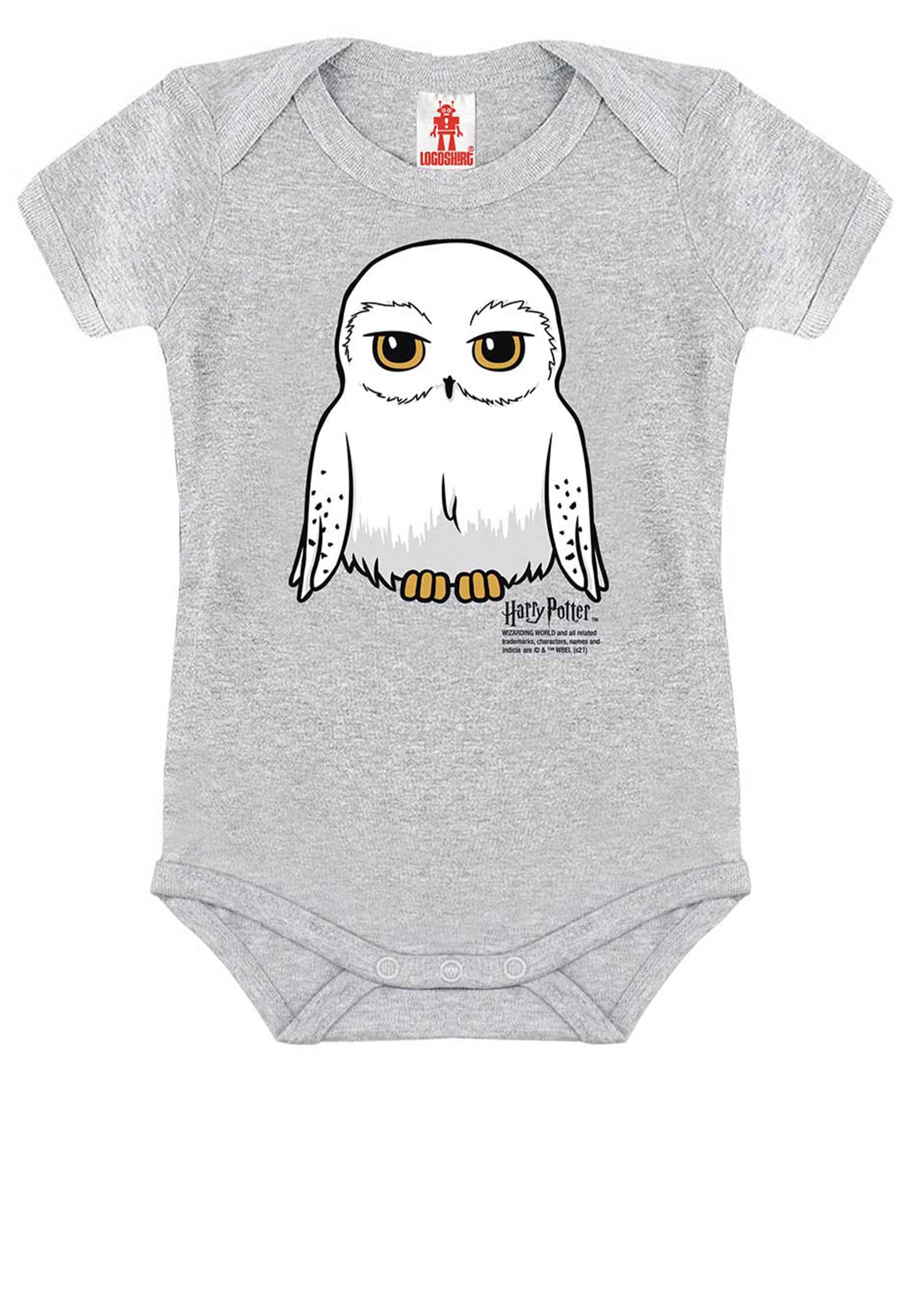 LOGOSHIRT Baby-Body 'Harry Potter - Hedwig' in Grau: Vorderseite
