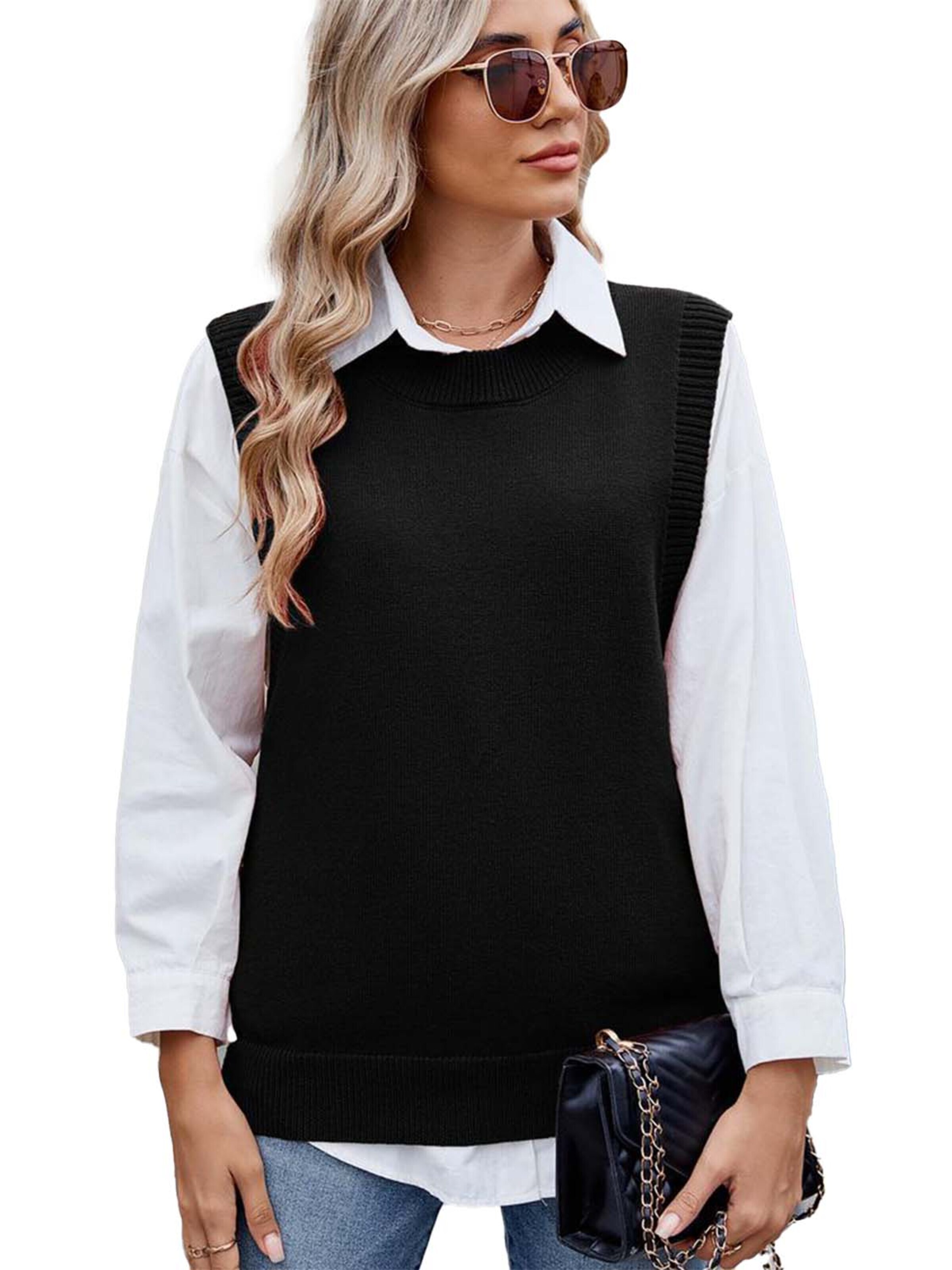 KoJooin Top z dzianiny 'Damen-Strickpullover mit Knopfdetails, Seitenschlitzen und unifarbenem Design' w kolorze czarny