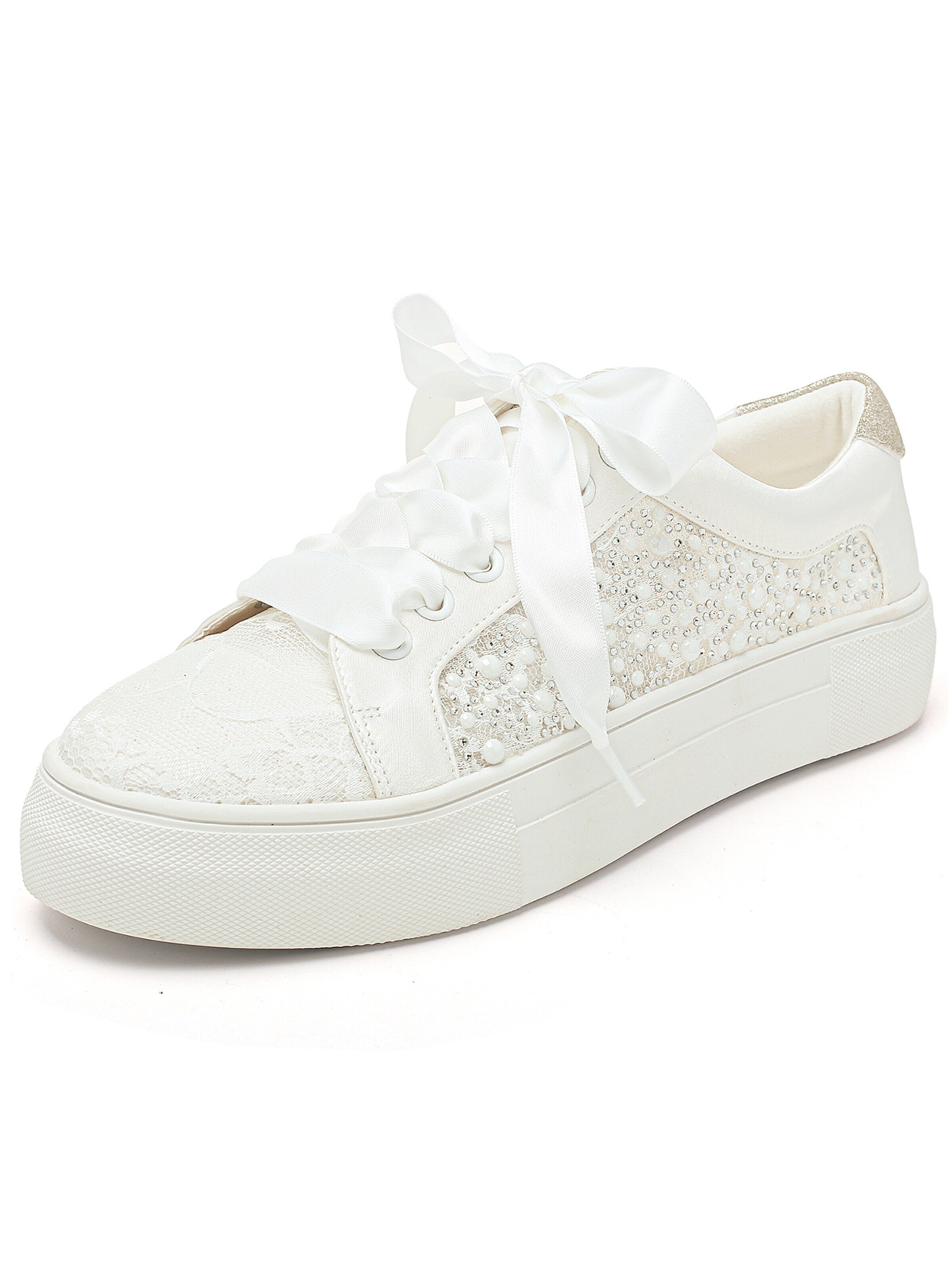 Elivandon Sneakers '999-3 Generic Weiße Spitze Strass Plateau Sneaker Damen Satin Schleife Schnürschuhe Braut Freizeitschuhe' in Beige: front