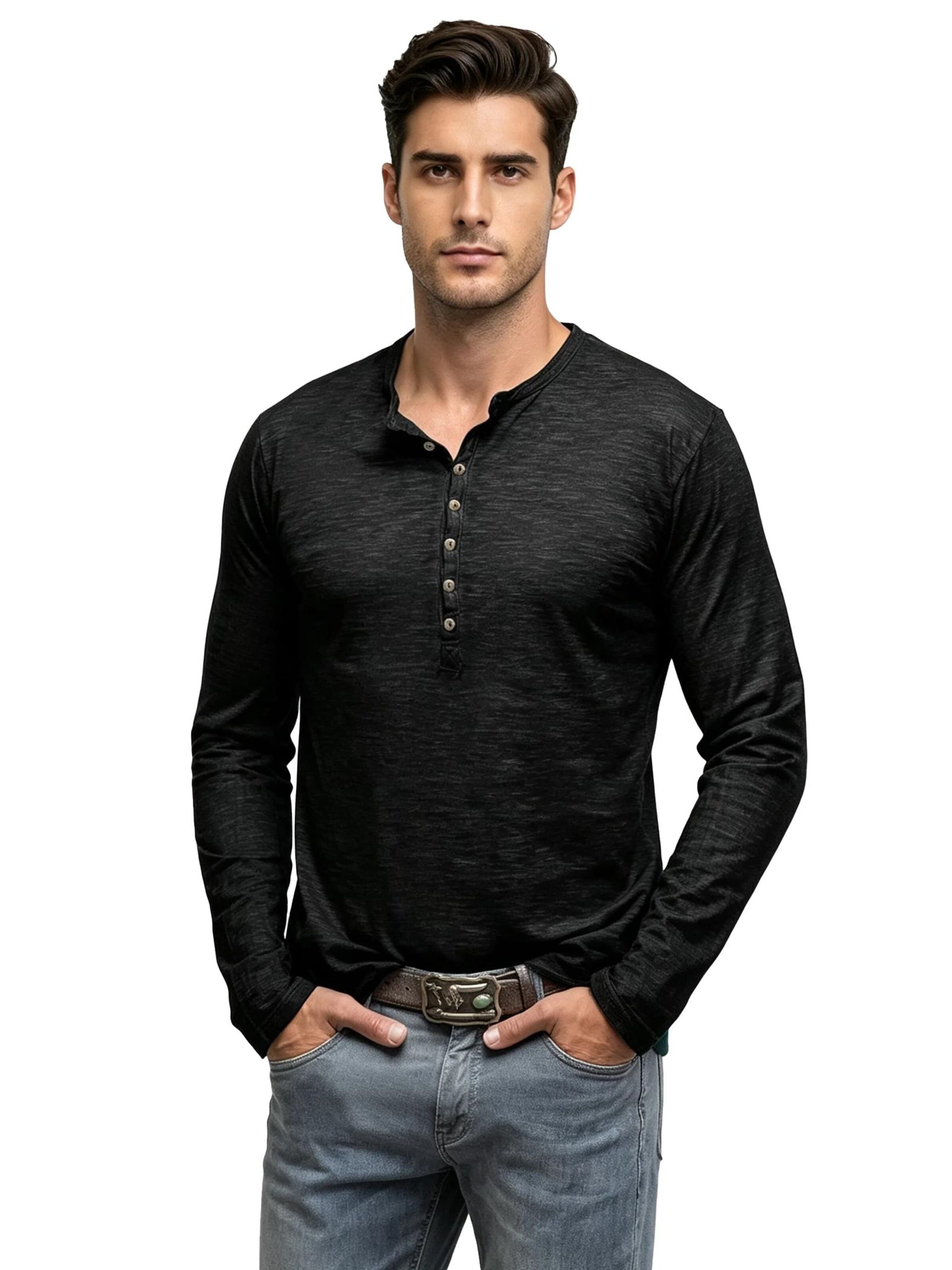 KoJooin Shirt 'Herren Henley-Shirts, Langarm-T-Shirts, lässige, leichte Mode, Pullover-Shirt mit Knöpfen' in Black: front