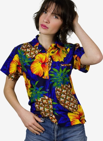 King Kameha Bluse 'Pineapple Hibiscus' in Blau: Vorderseite