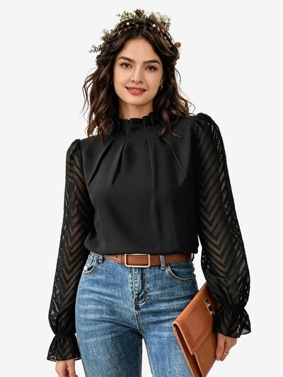 KoJooin Bluse 'Damen Langarmblusen aus Chiffon mit Rüschenbündchen und niedlichem Rüschenkragen'‌‌‌‌ in XXL in schwarz, Produktansicht