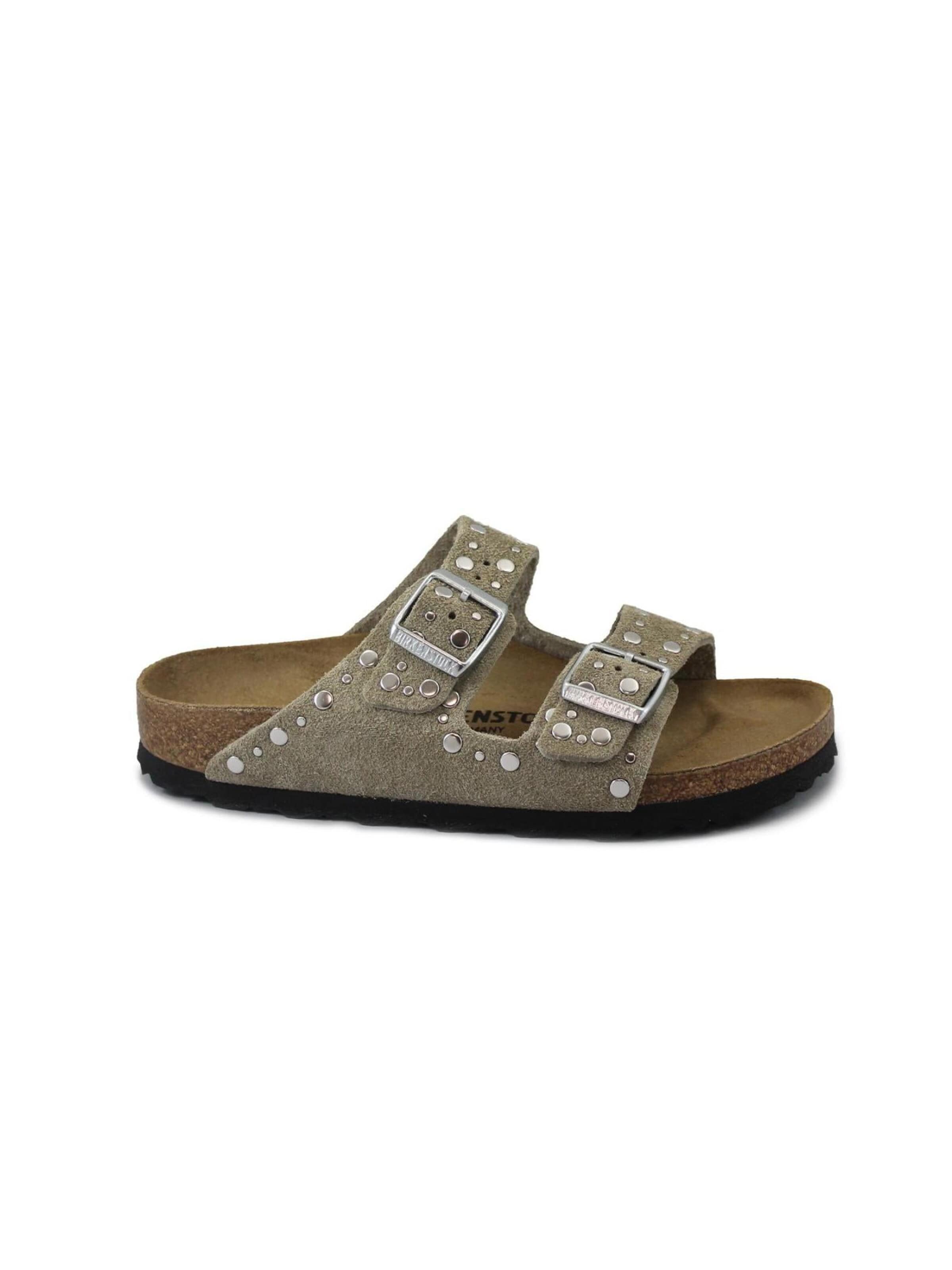 BIRKENSTOCK Pantolette 'BIRKENSTOCK ARIZONA RIVET BORDER 1029390 taupe ciabatte donna fibbie pelle camoscio borchie'‌‌ in Grau: Vorderseite