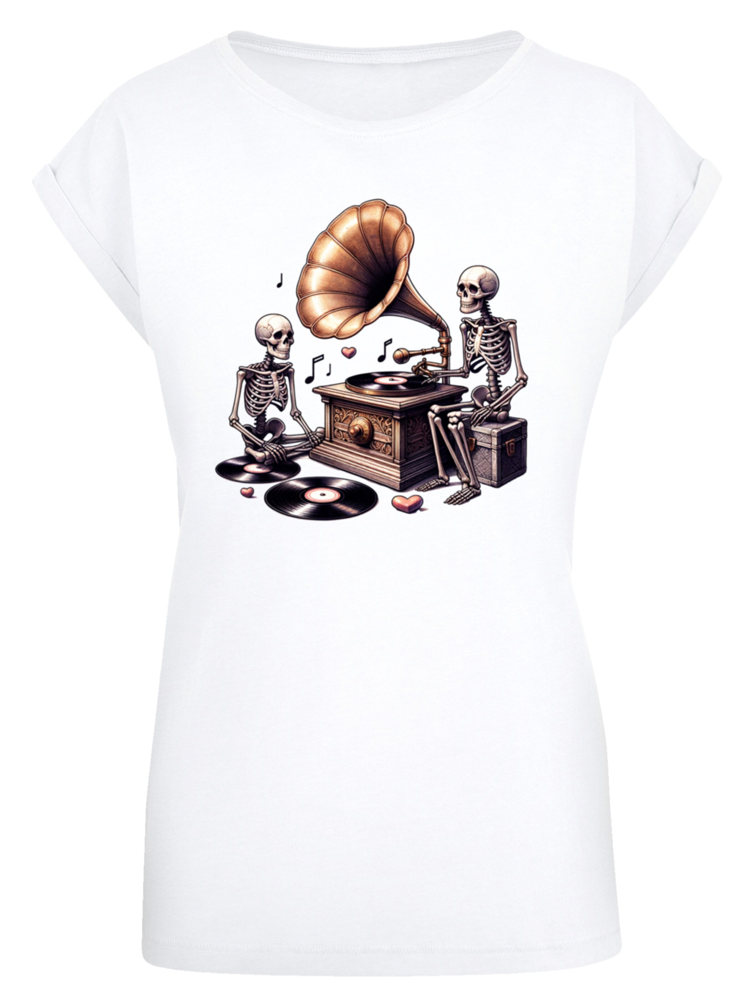 F4NT4STIC T-Shirt 'Gothic Skeleton Vintage Vinyl Plattenspieler' in Weiß: Vorderseite