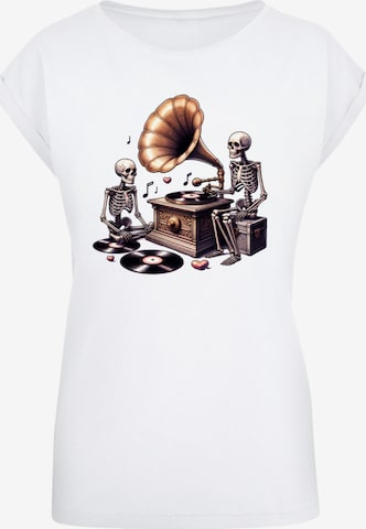 F4NT4STIC T-Shirt 'Gothic Skeleton Vintage Vinyl Plattenspieler' in Weiß: Vorderseite