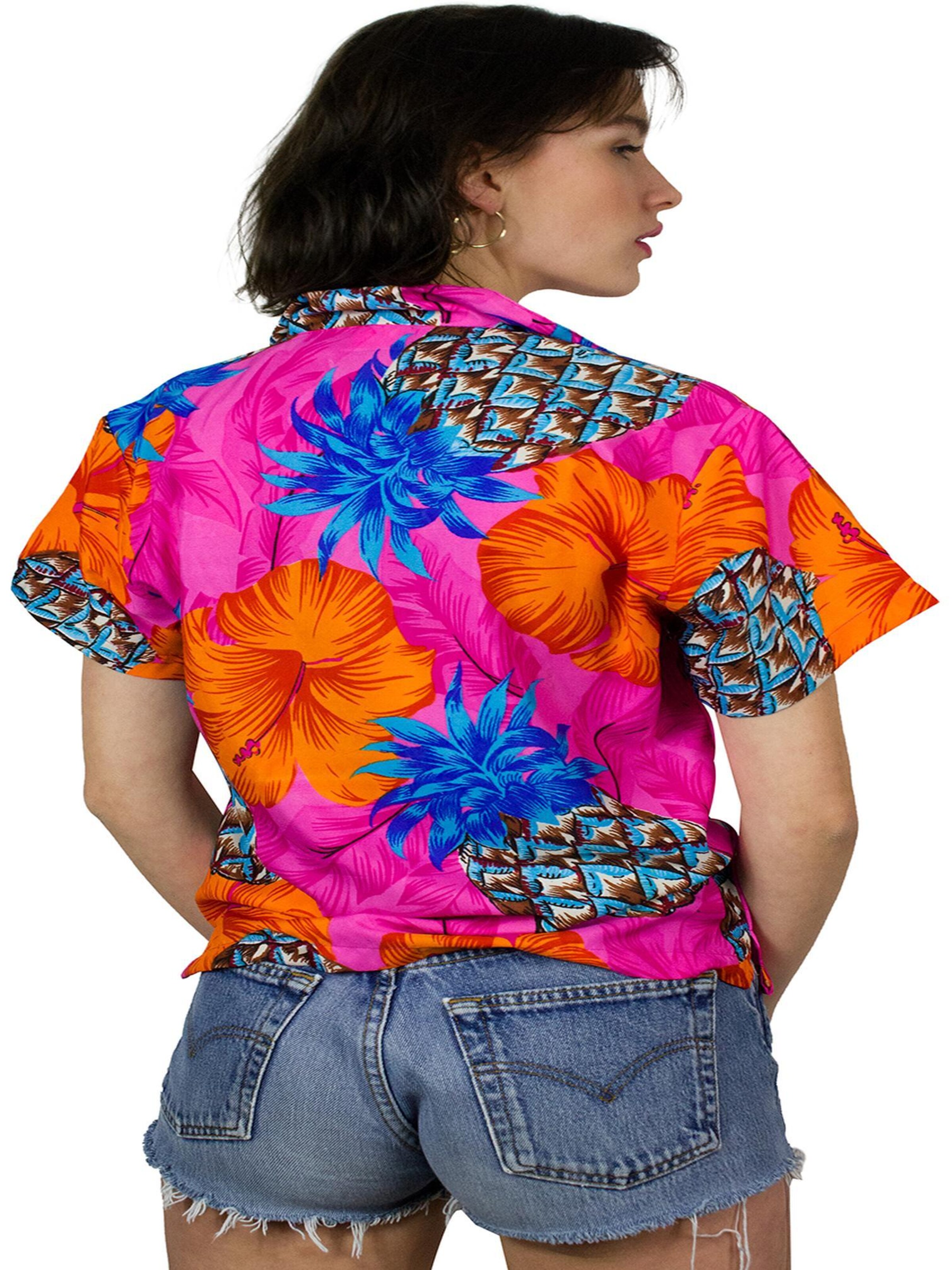 King Kameha Blouse 'Pineapple Hibiscus Shadow Line' in Pink