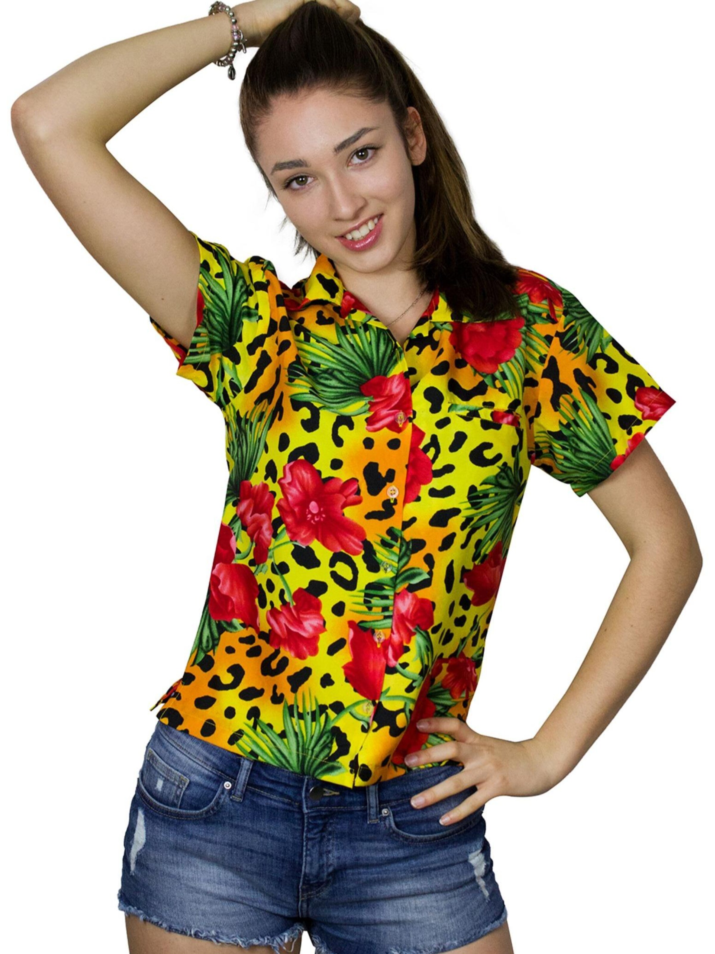 King Kameha Blouse 'Leopard Flowers' in Yellow