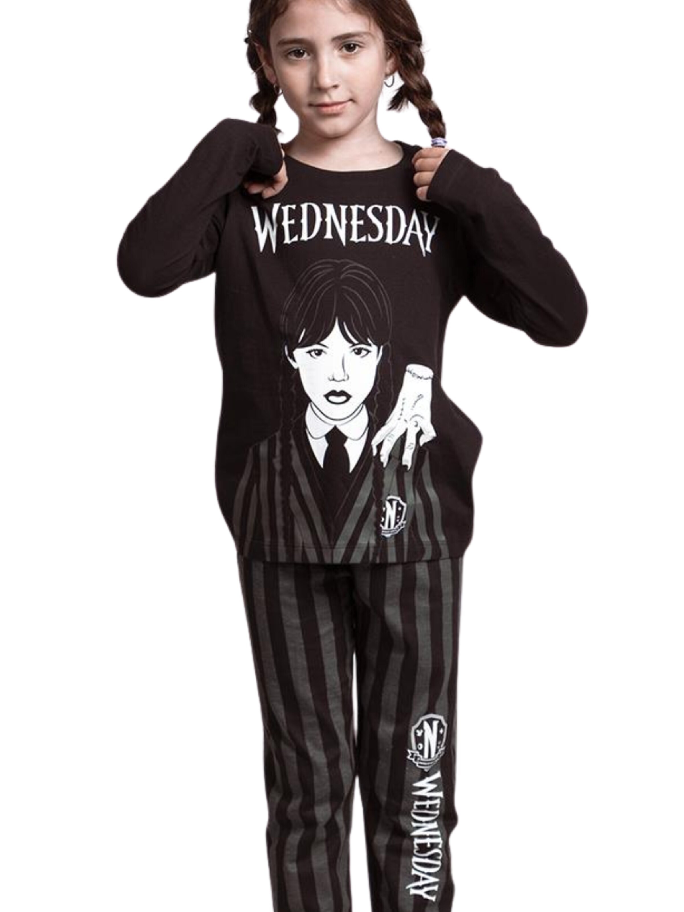 Cerdá Pajamas 'Wednesday Pyjama Set Kids – Black – Long Sleeve Sleepwear with Pants' in Grey: front