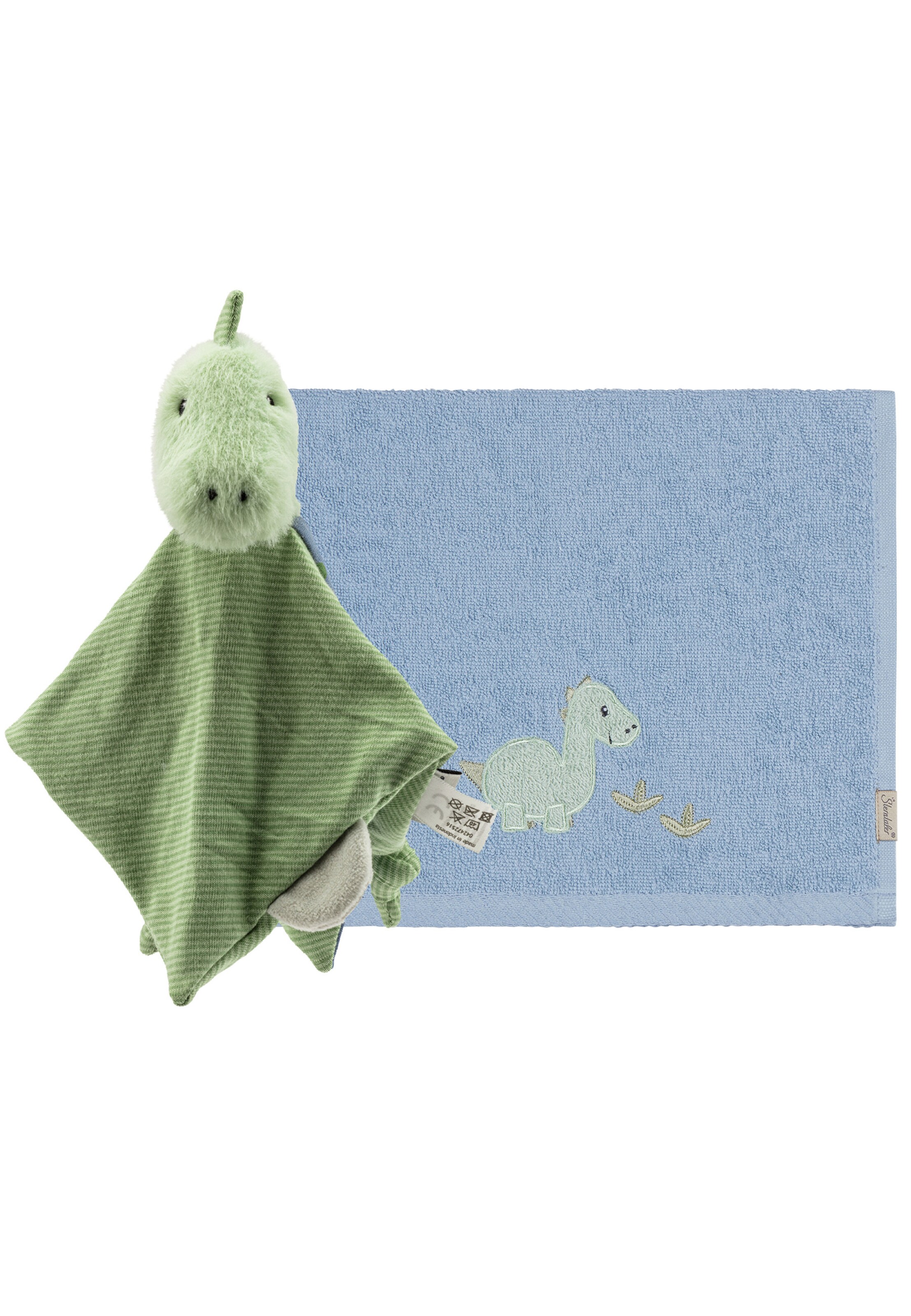 STERNTALER Set: Handtuch und Schmusetuch 'Dino Rexi' in Blau: Vorderseite