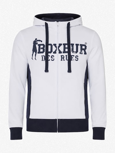 Boxeur des Rues Sweatshirt 'Herren Hoodie Fitted Boxeur des Rues mit Reißverschluss und Kapuze, Weiß mit Marineblau, Baumwolle' in XS in White, Item view