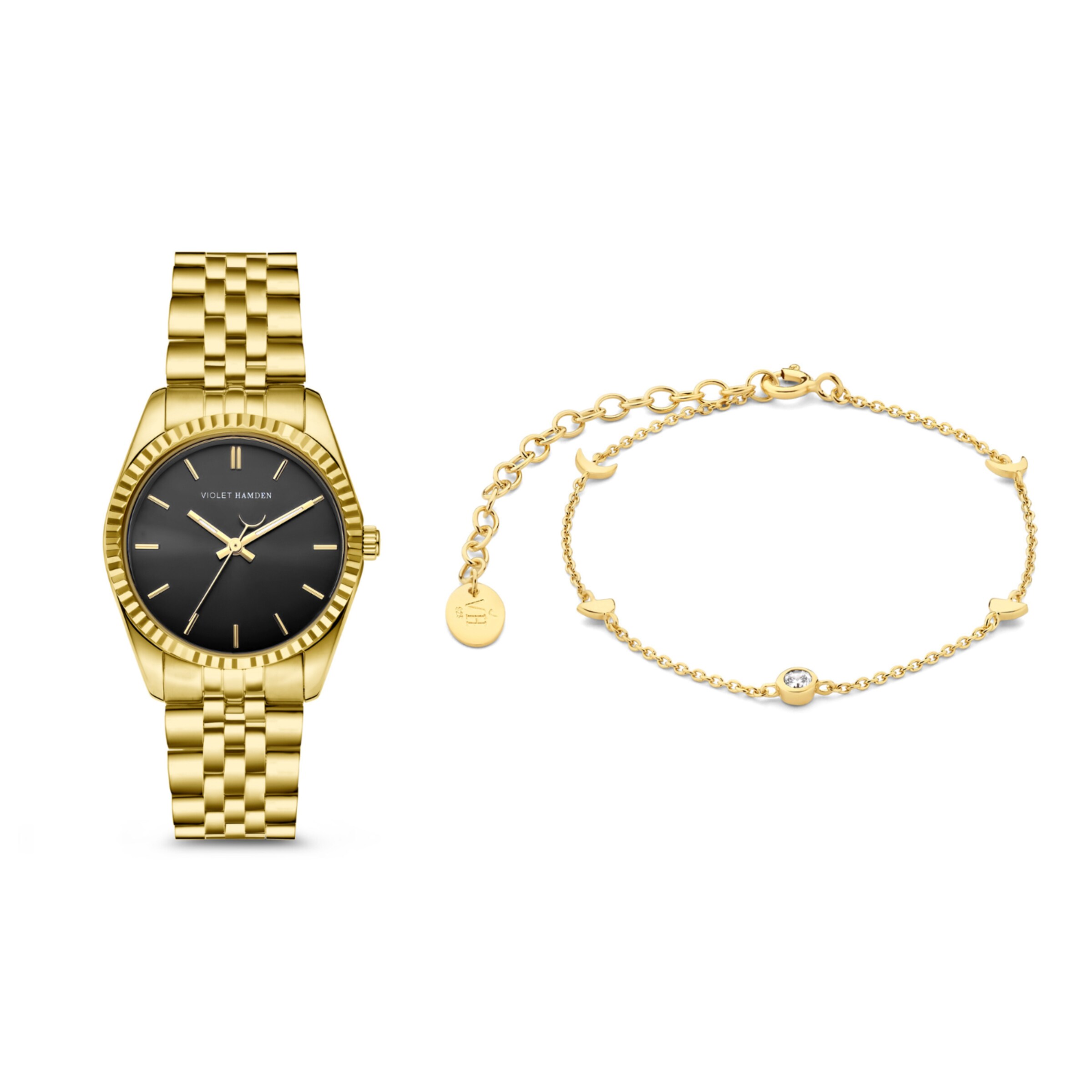 Violet Hamden Analog Watch in Gold: front