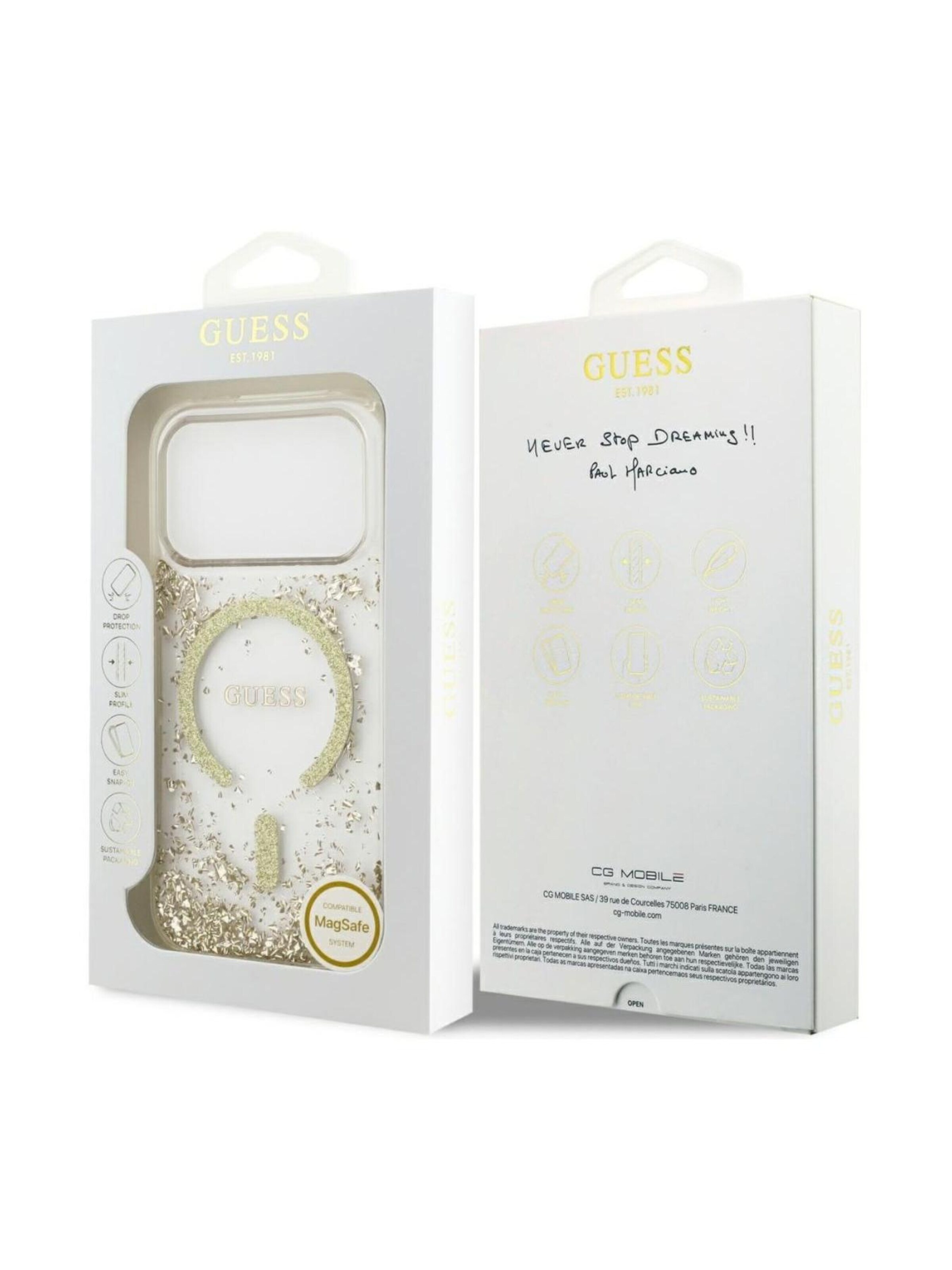 GUESS Smartphonehoesje 'GUESS MagSafe Resin Bottom Glitter iPhone 17 Pro' in Goud