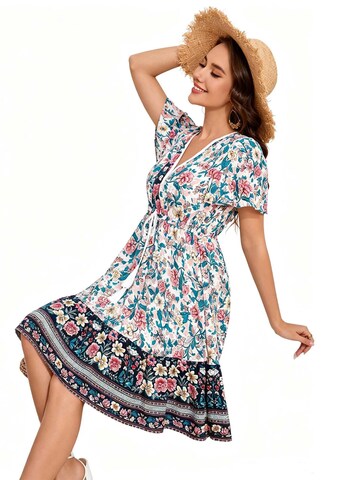 KoJooin Sukienka 'Damen Sommerkleid mit Kurzarm, platziertem Blumenprint und lässigem Boho-Look' w kolorze biały